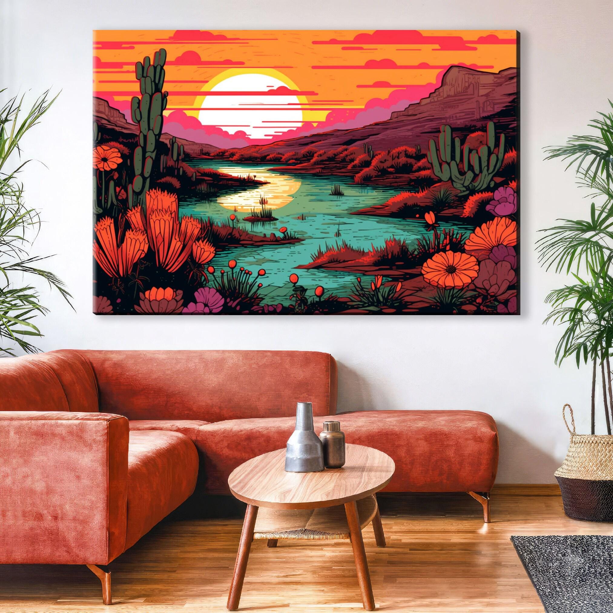 Desert Landscape Art – Linocut Style Canvas | Gallery Wrapped Ready to Hang