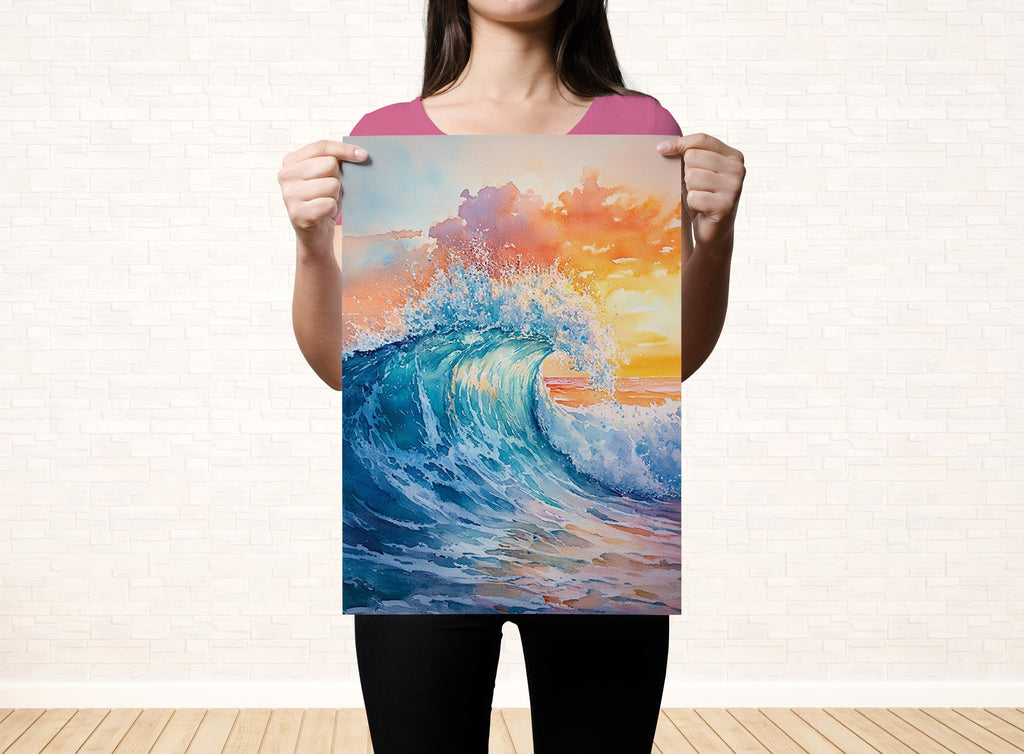 A woman holds up a vibrant watercolor painting depicting a large, crashing wave against a colorful sunset sky.
