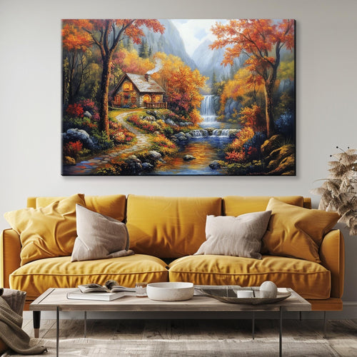 Autumn Landscape Canvas - Extra Large Framed Fall Wall Art, Cozy Rustic Decor