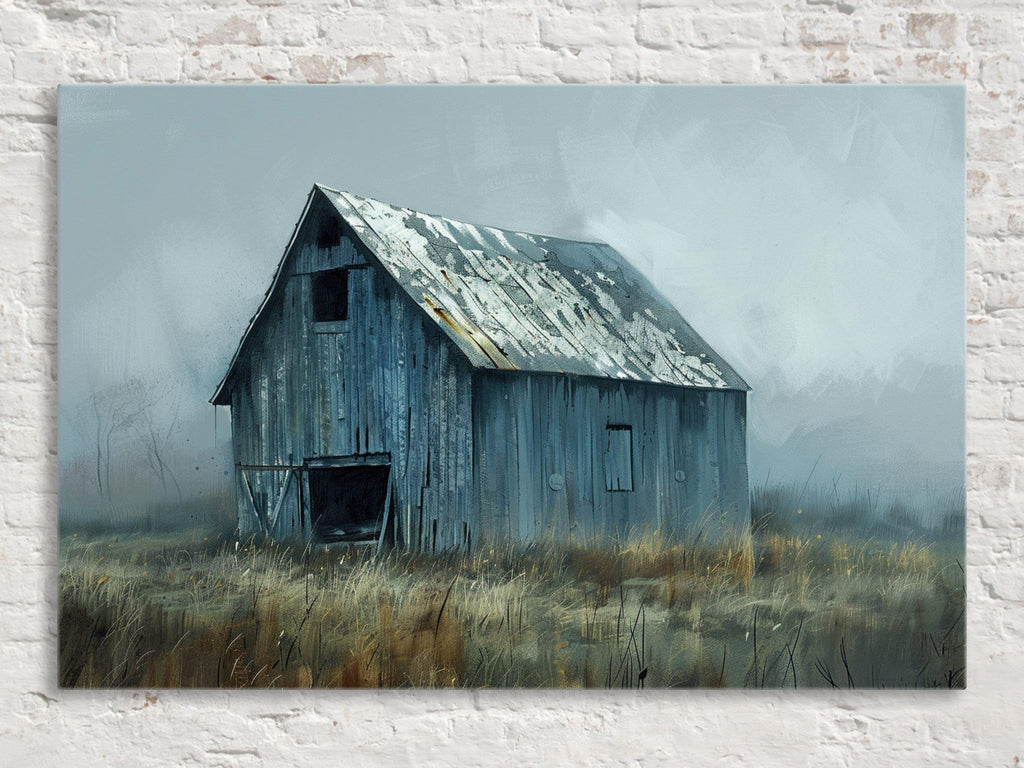 An old, dilapidated wooden barn stands alone in a foggy field, its weathered and worn appearance suggesting a long history of use and exposure to the elements.