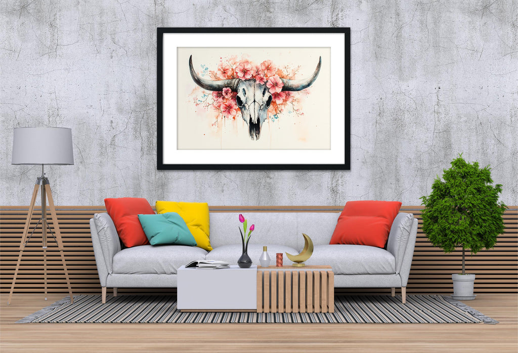 a modern living room with a gray sofa adorned with colorful throw pillows, a wooden coffee table, and a framed picture of a bull skull with pink flowers hanging above it.
