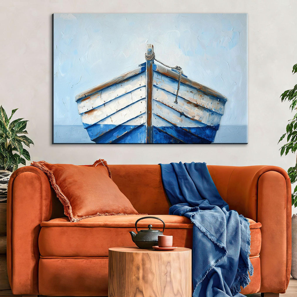 Blue White Wooden Boat - Nautical Wall Art | Large Gallery Wrapped Canvas Print