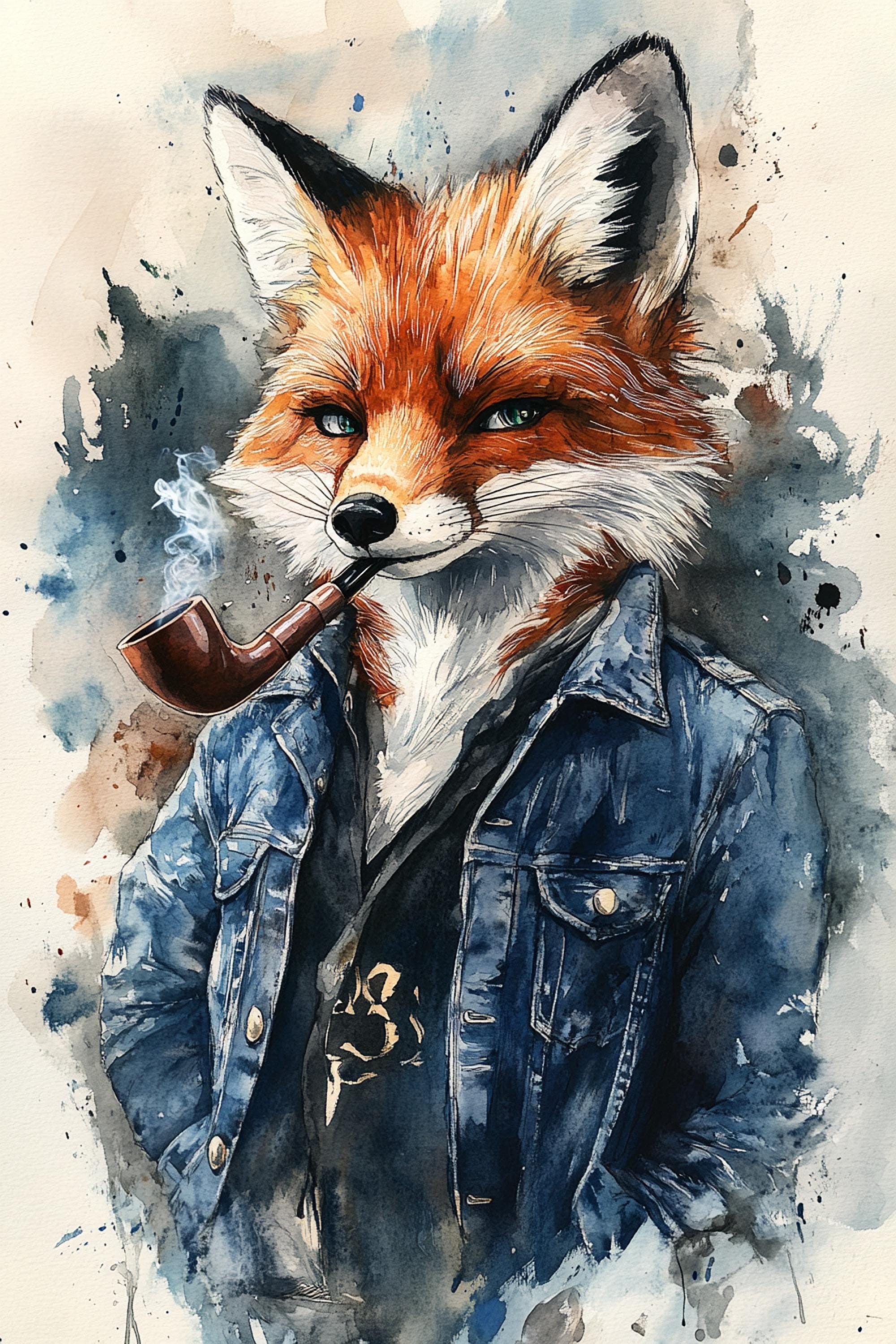 A fox wearing a denim jacket and smoking a pipe, with a watercolor-style background.