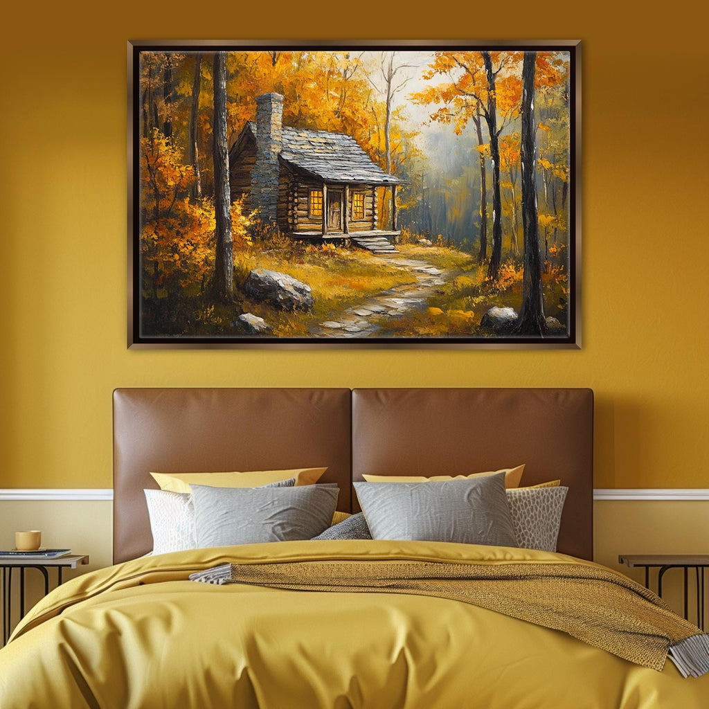 a cozy cabin nestled in a forest, surrounded by vibrant autumn foliage.