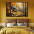 a cozy cabin nestled in a forest, surrounded by vibrant autumn foliage.