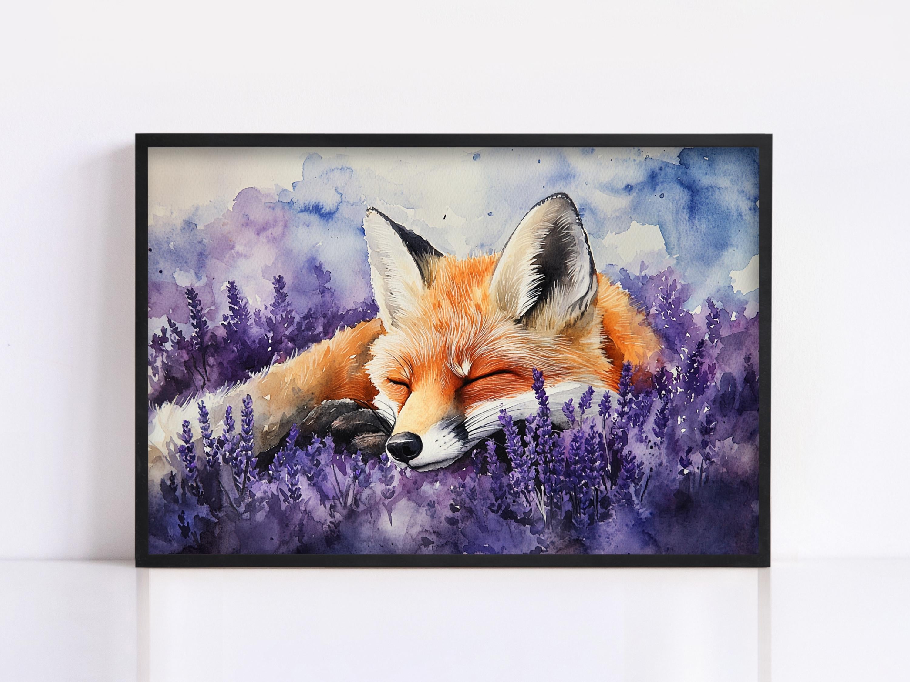 A framed painting depicting a sleeping fox resting in a field of purple flowers.