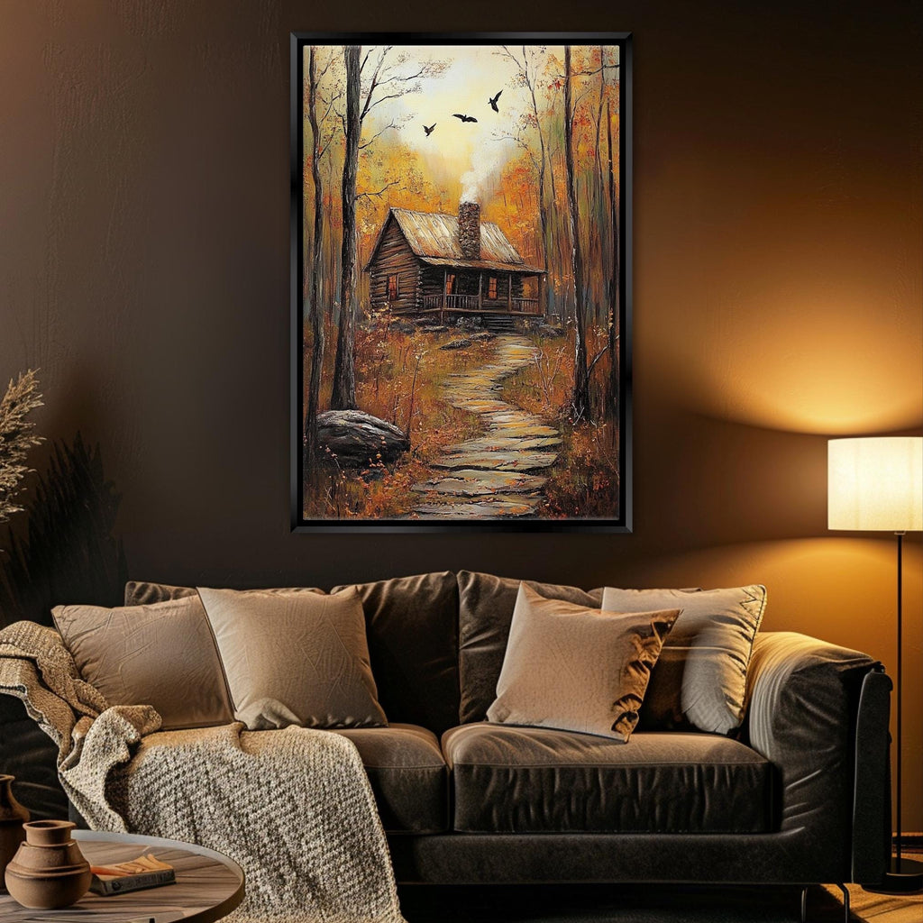 a cozy living room with a large painting of a cabin in the woods hanging on the wall above a brown leather couch.