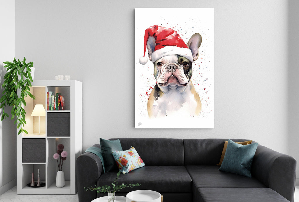 Holiday Frenchie - Watercolor French Bulldog with Santa Hat, Print on Canvas, Artist Paper, Watercolor Paper, Available in Extra Large Sizes