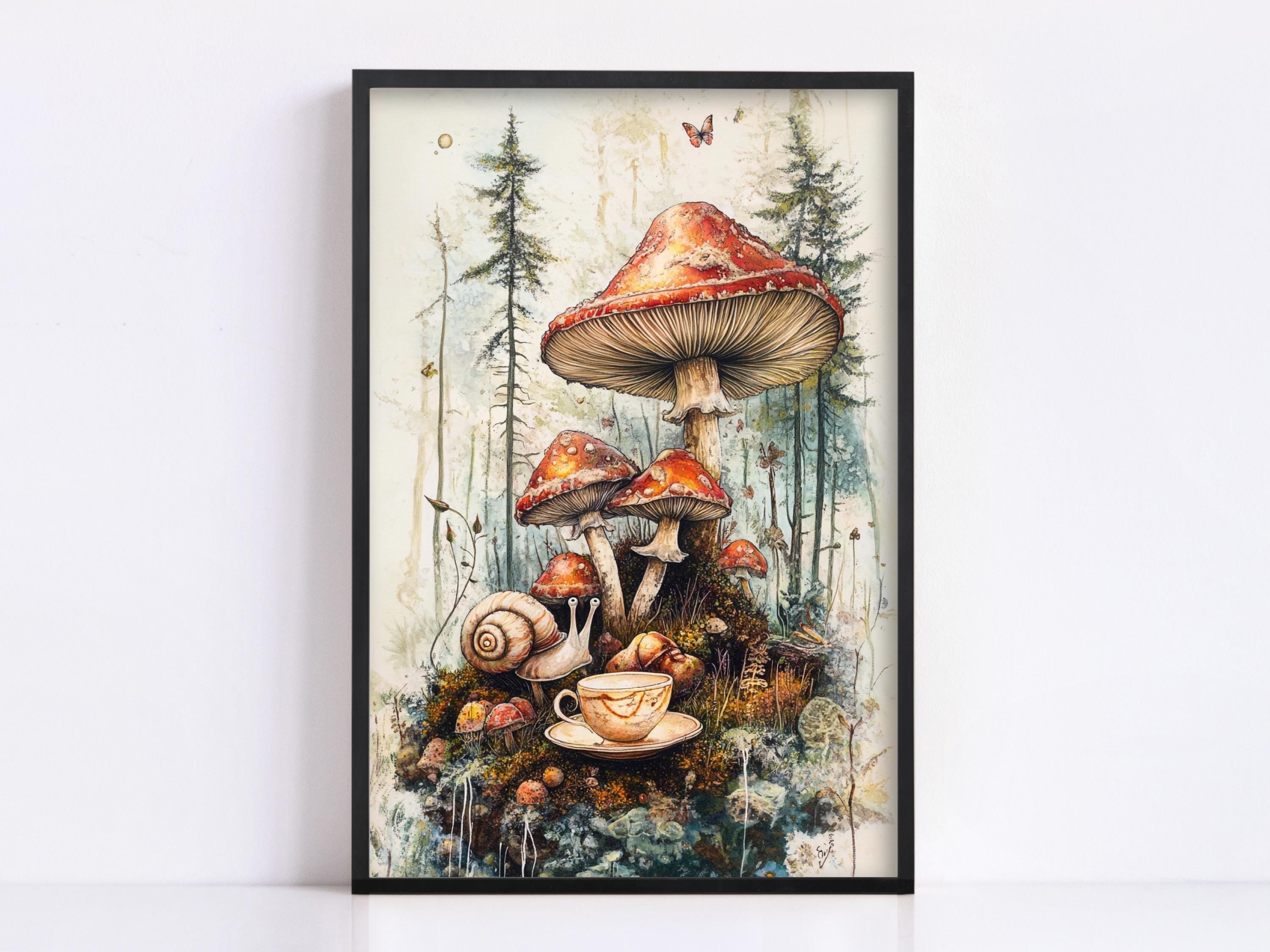 A framed painting depicting a whimsical scene with mushrooms, snails, and a cup of tea, set against a forest backdrop.