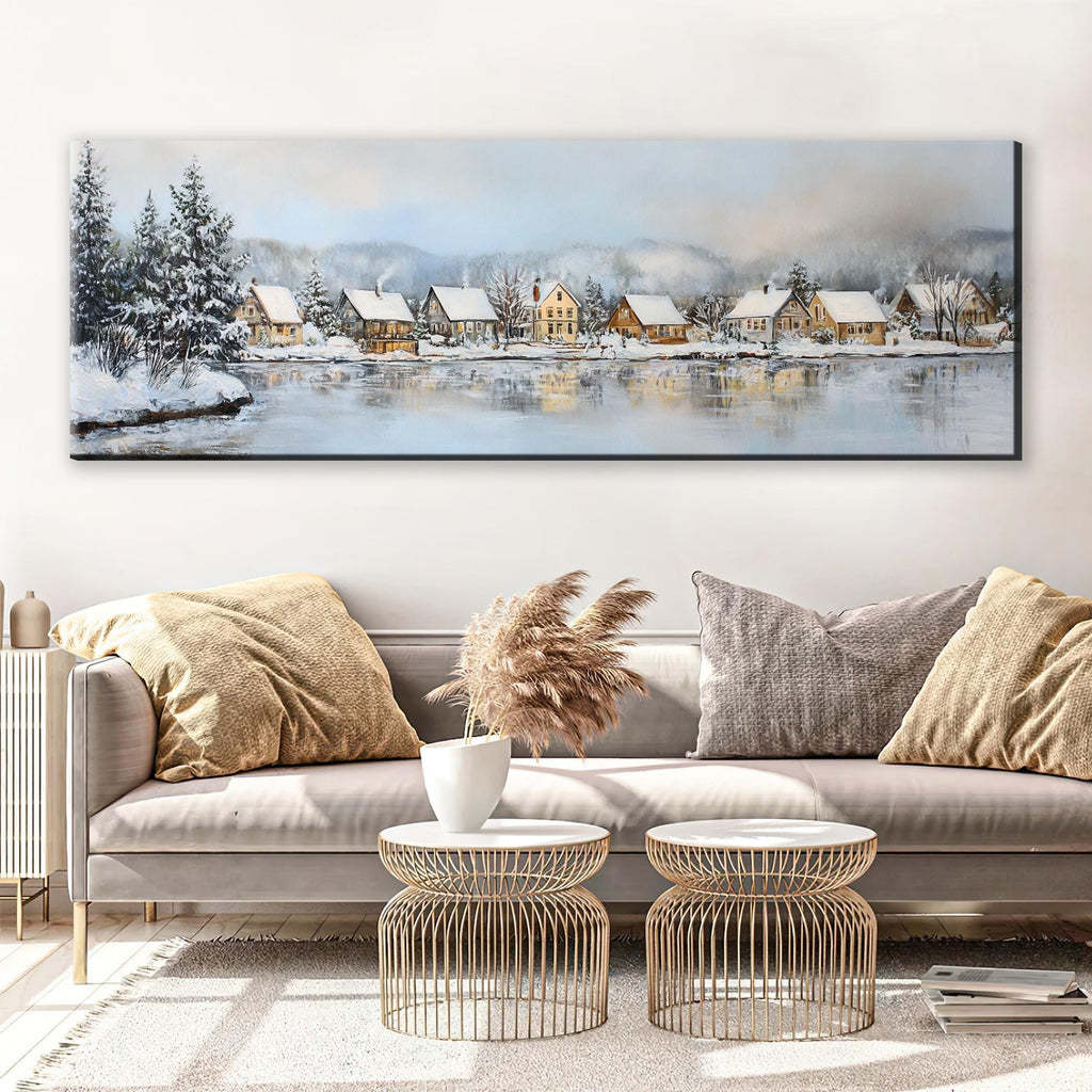 a living room with a couch and a painting on the wall