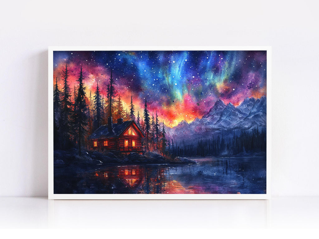 a serene cabin nestled in a forest, surrounded by a tranquil lake and mountains under a starry night sky.