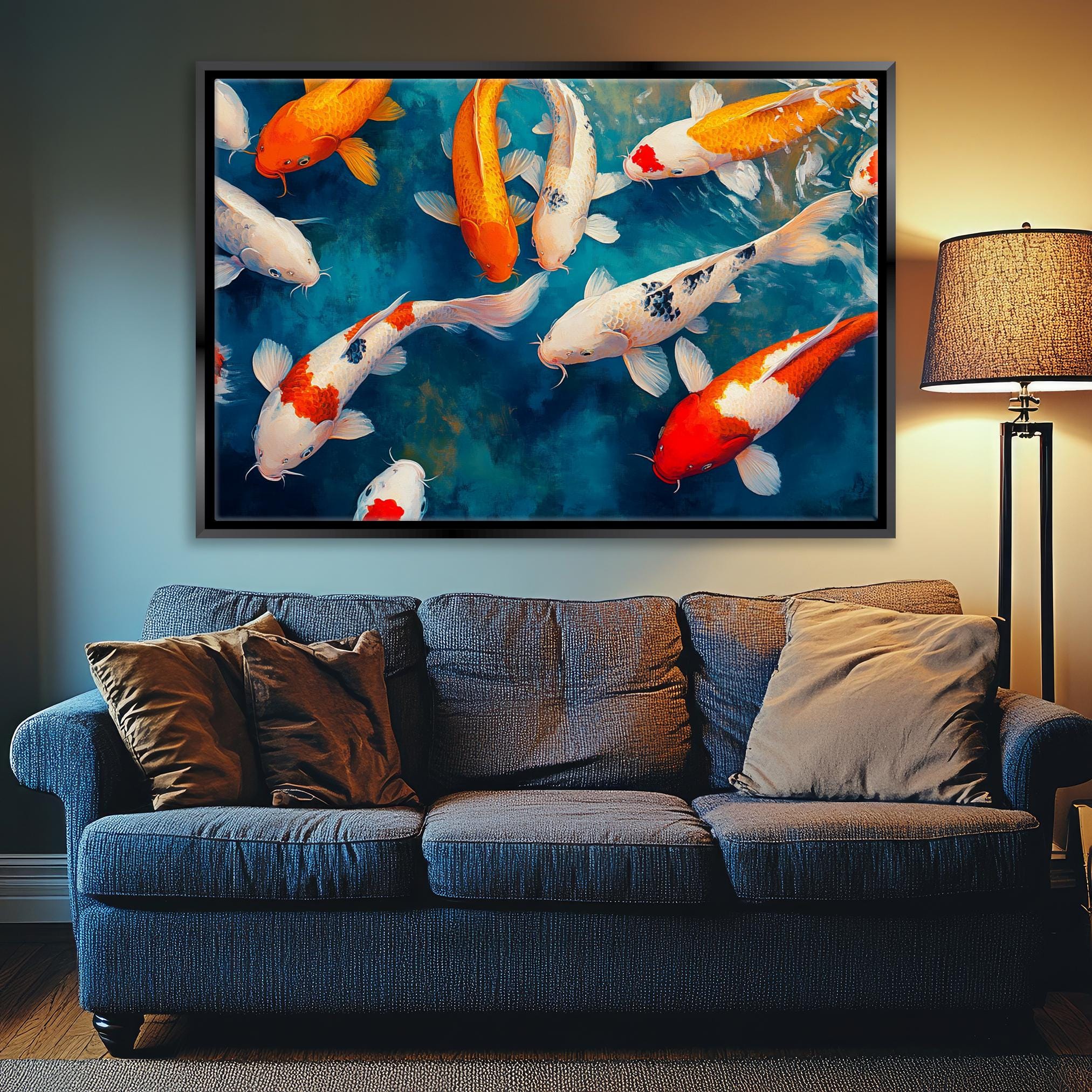 a painting of a group of koi fish swimming in a pond