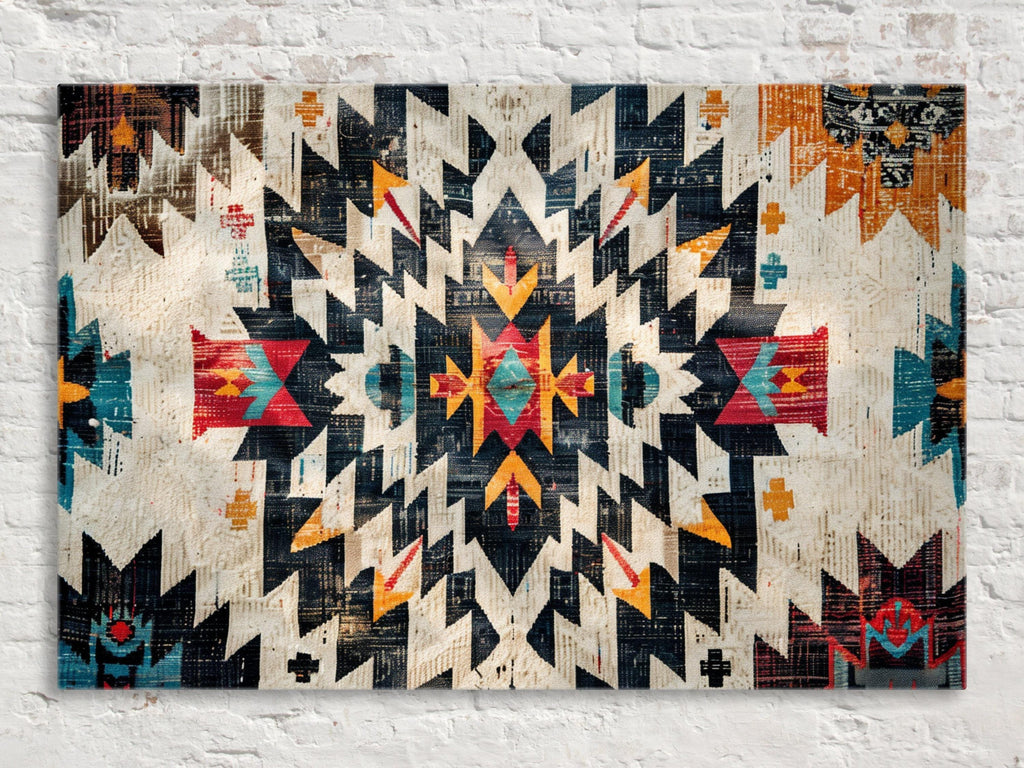 The image is a vibrant, colorful abstract pattern with a repeating geometric design in shades of black, white, and red.