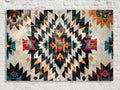 The image is a vibrant, colorful abstract pattern with a repeating geometric design in shades of black, white, and red.