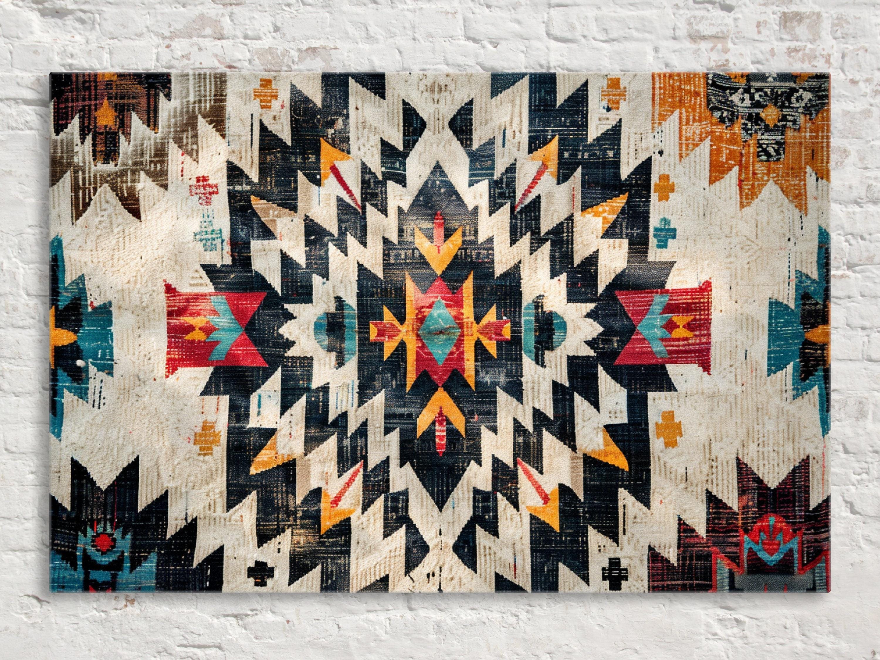 The image is a vibrant, colorful abstract pattern with a repeating geometric design in shades of black, white, and red.