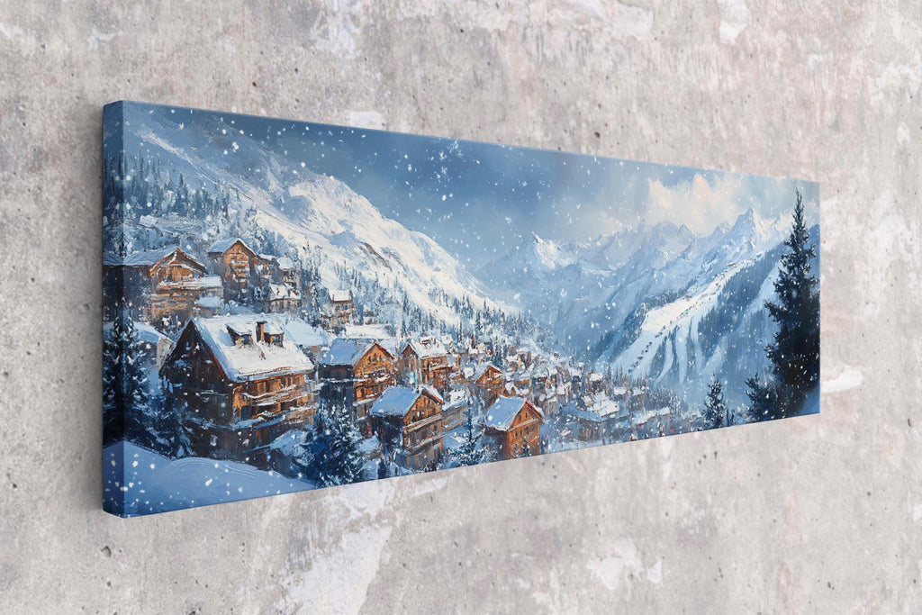 a painting on a wall of a snowy village