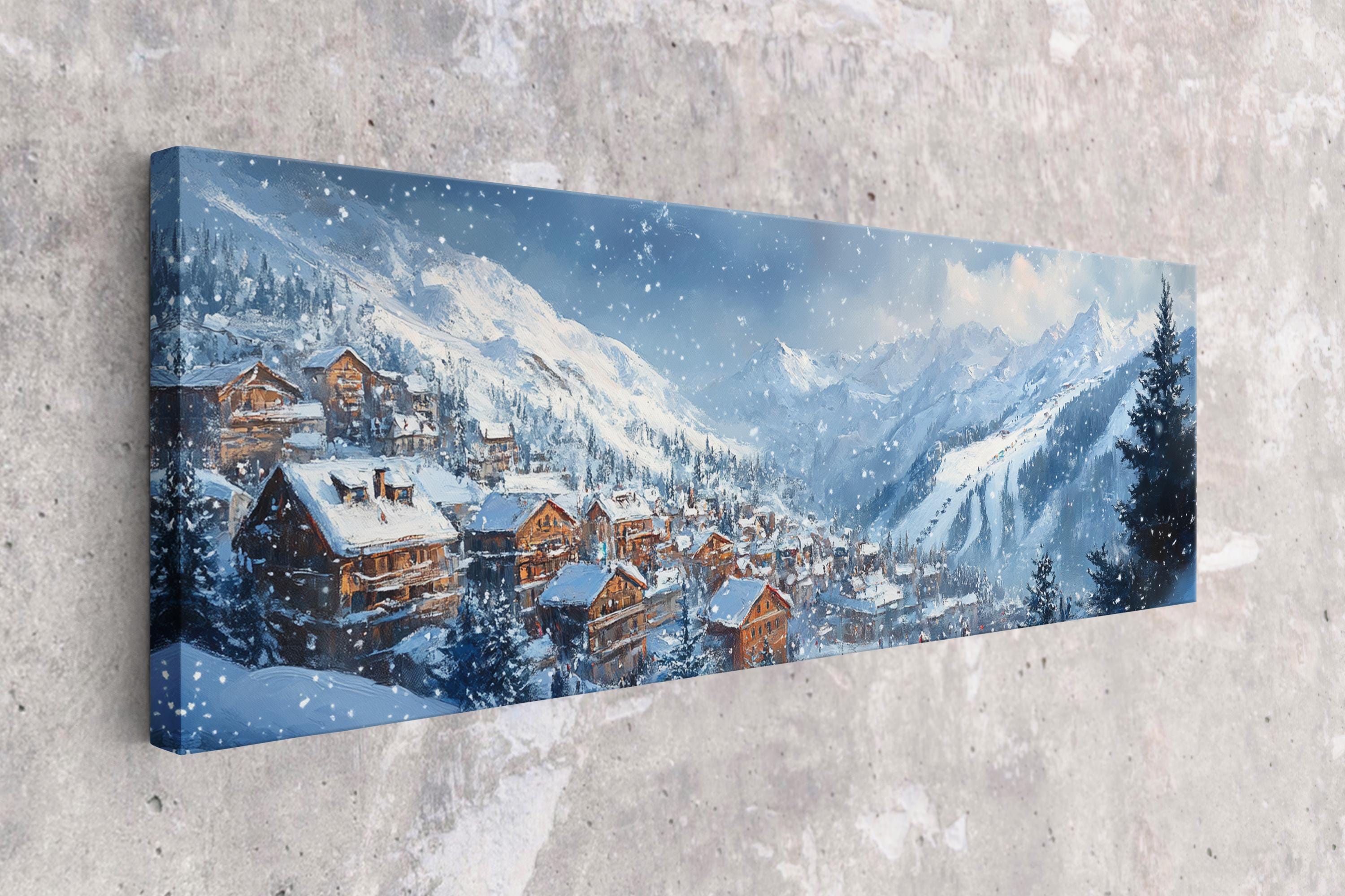a painting on a wall of a snowy village