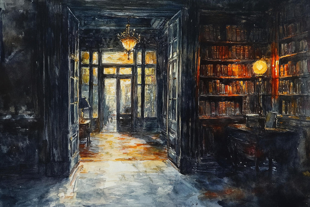 a grand, dimly lit library with tall bookshelves filled with books, a chandelier hanging from the ceiling, and a doorway leading to another room.
