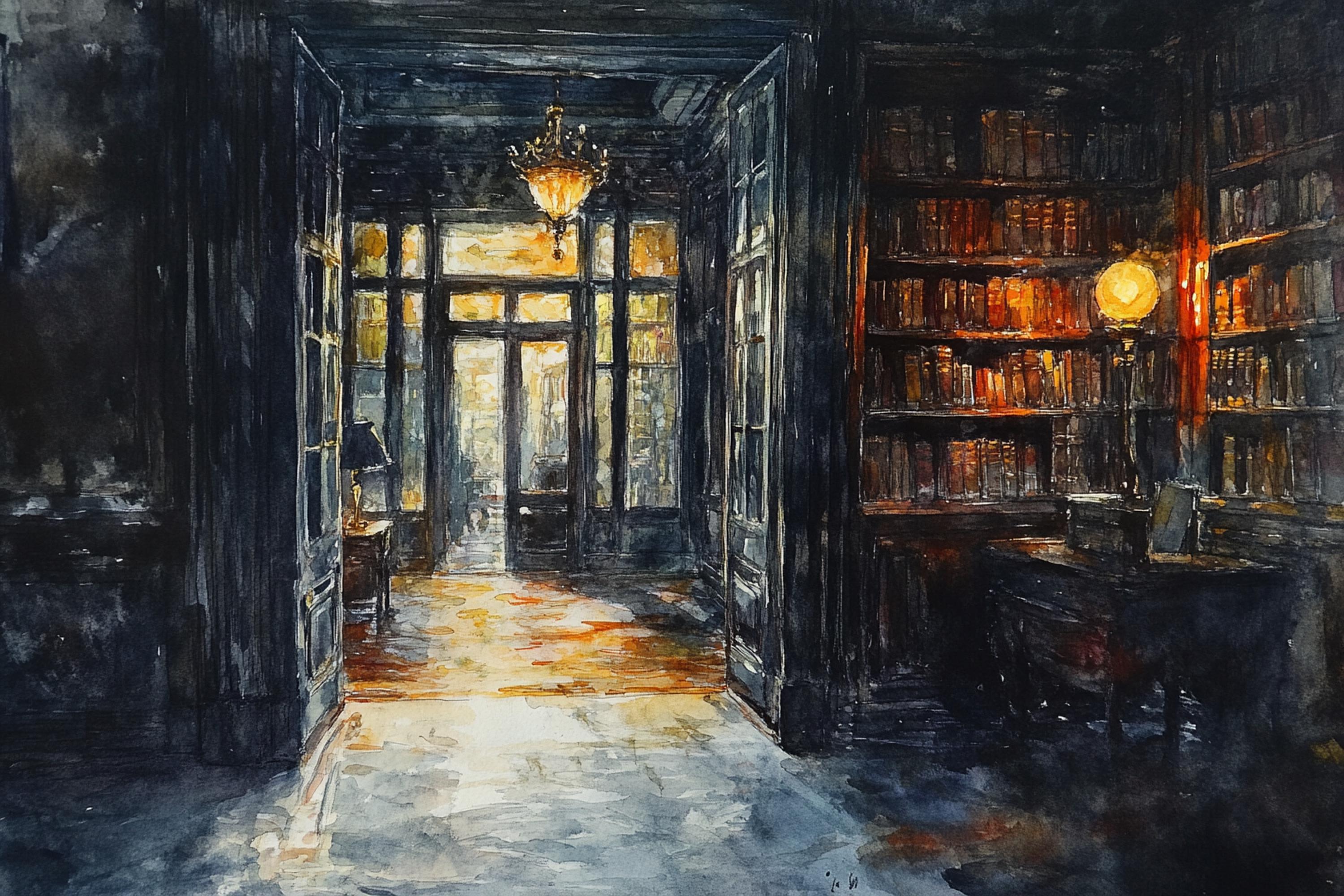 a grand, dimly lit library with tall bookshelves filled with books, a chandelier hanging from the ceiling, and a doorway leading to another room.