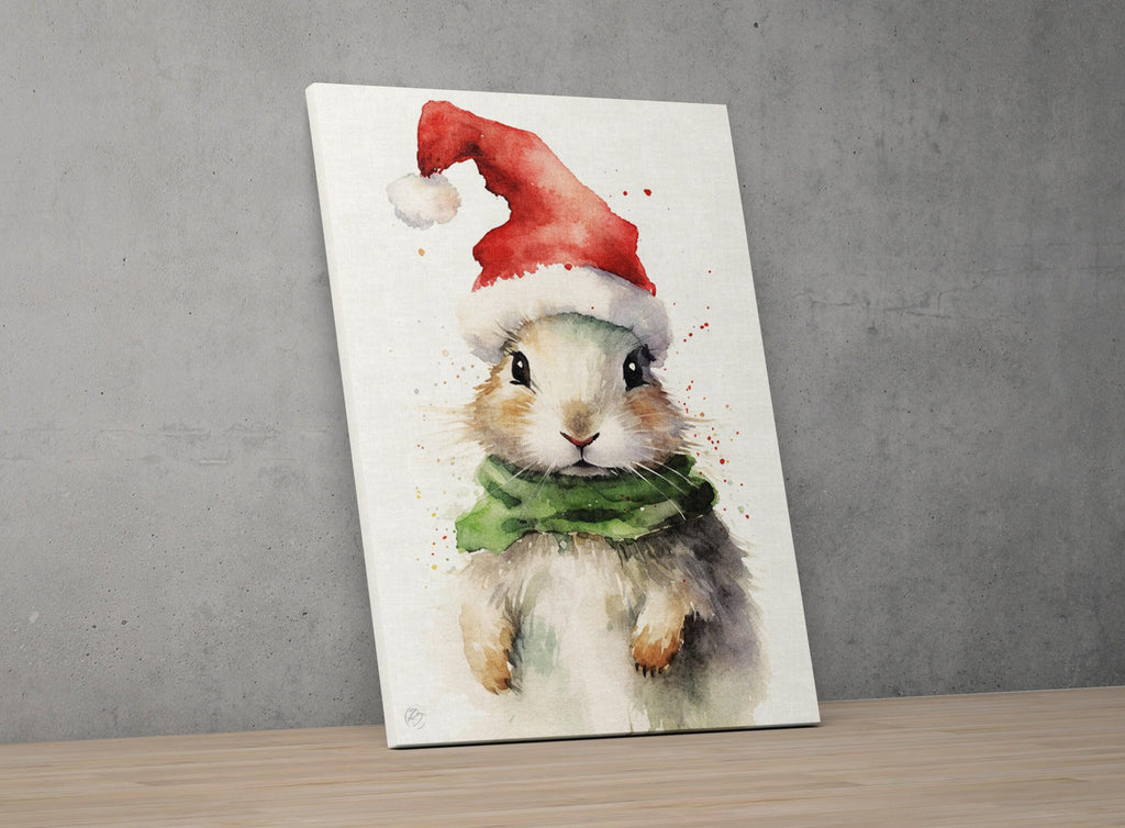 Festive Bunny in Santa Hat Watercolor Art Print, Giclee Print on Canvas, Artist Paper, Watercolor Paper, Available in Extra Large Sizes