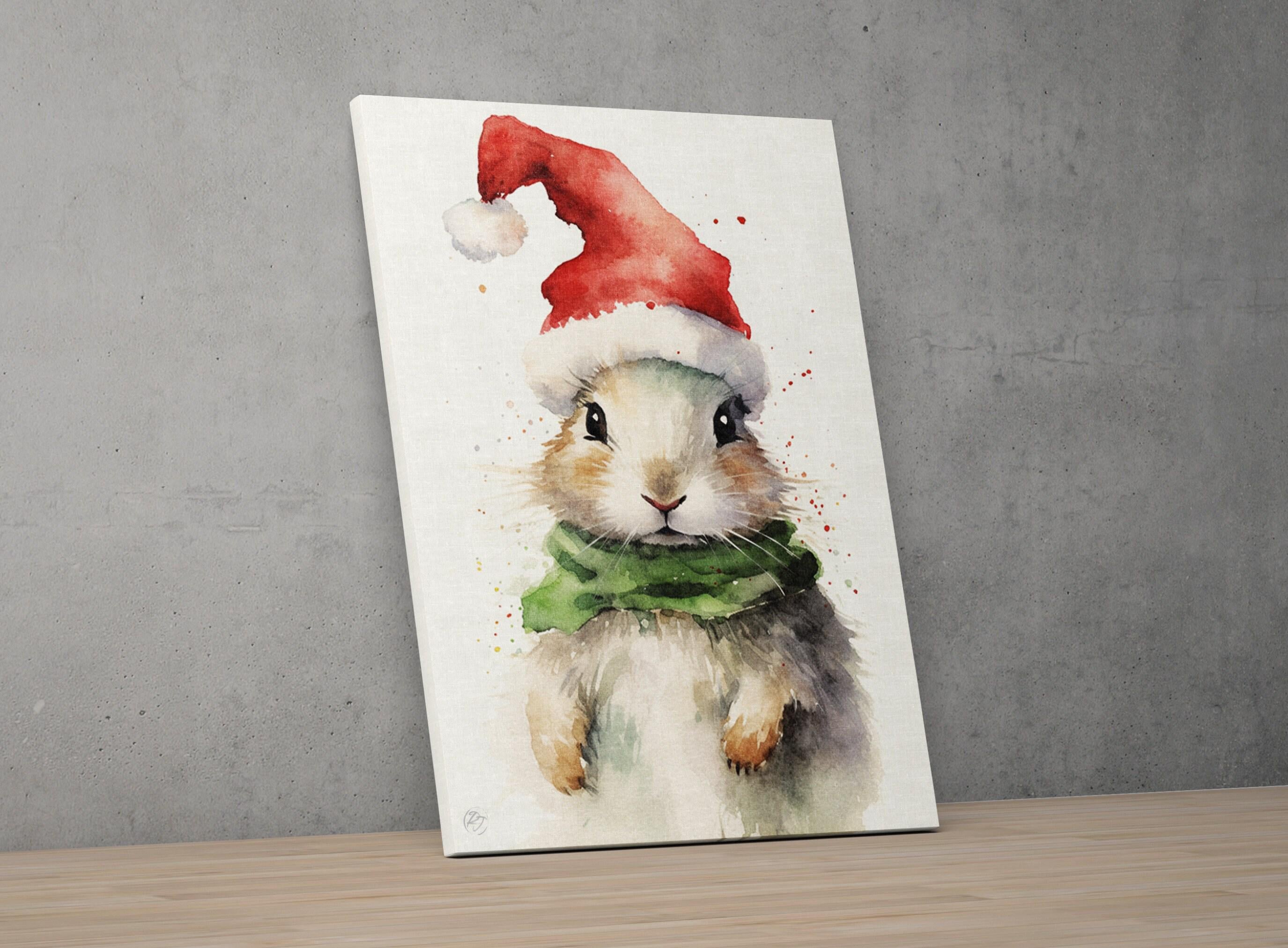 Festive Bunny in Santa Hat Watercolor Art Print, Giclee Print on Canvas, Artist Paper, Watercolor Paper, Available in Extra Large Sizes
