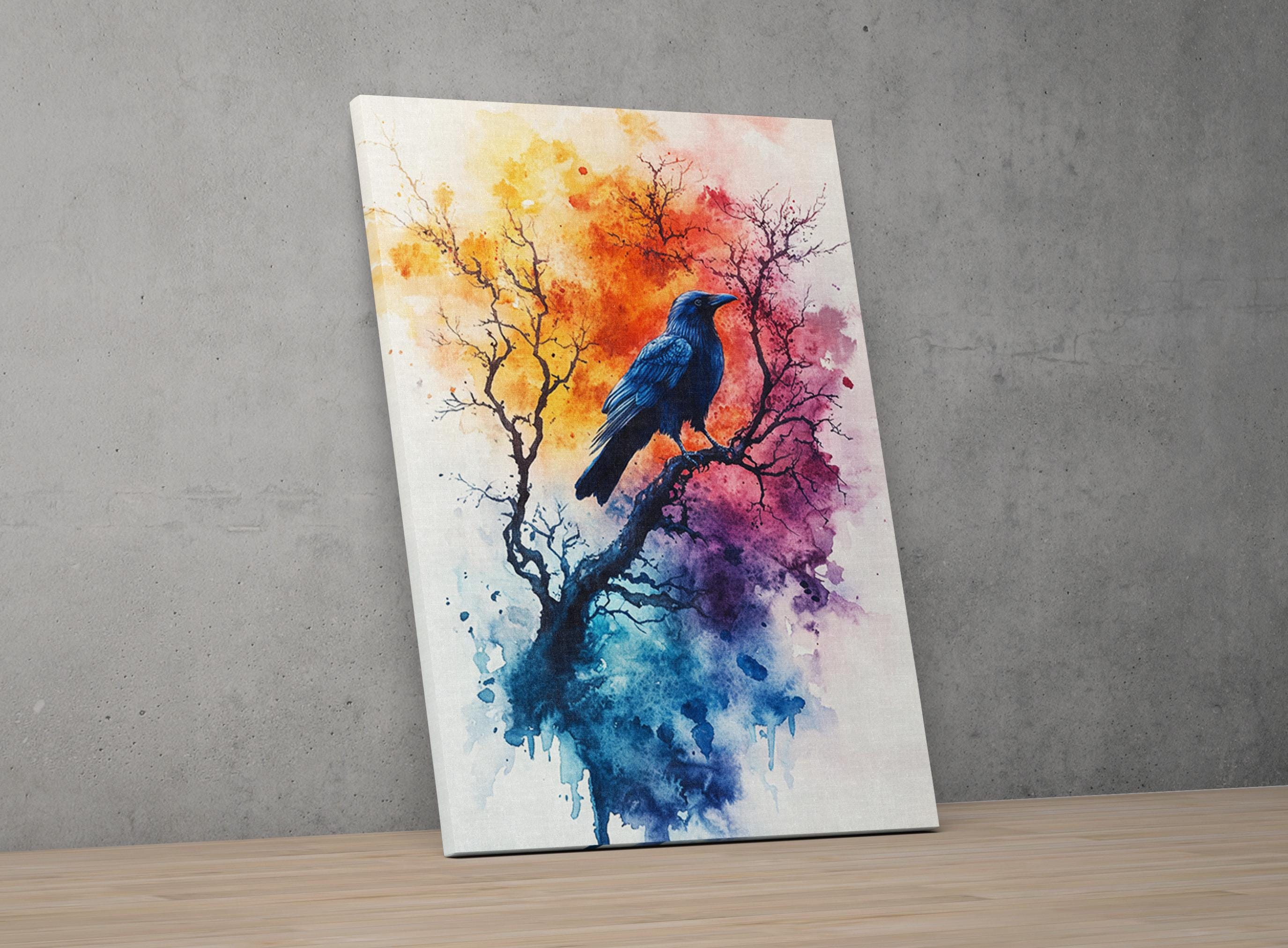 The image is a vibrant watercolor painting depicting a blue bird perched on a tree branch, with splashes of orange, pink, and purple colors in the background.