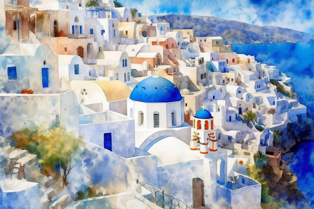 Grecian Getaway - Santorini Landscape Wall Hanging, Giclee Print on Canvas, Artist Paper, Watercolor Paper, Available in Extra Large Sizes