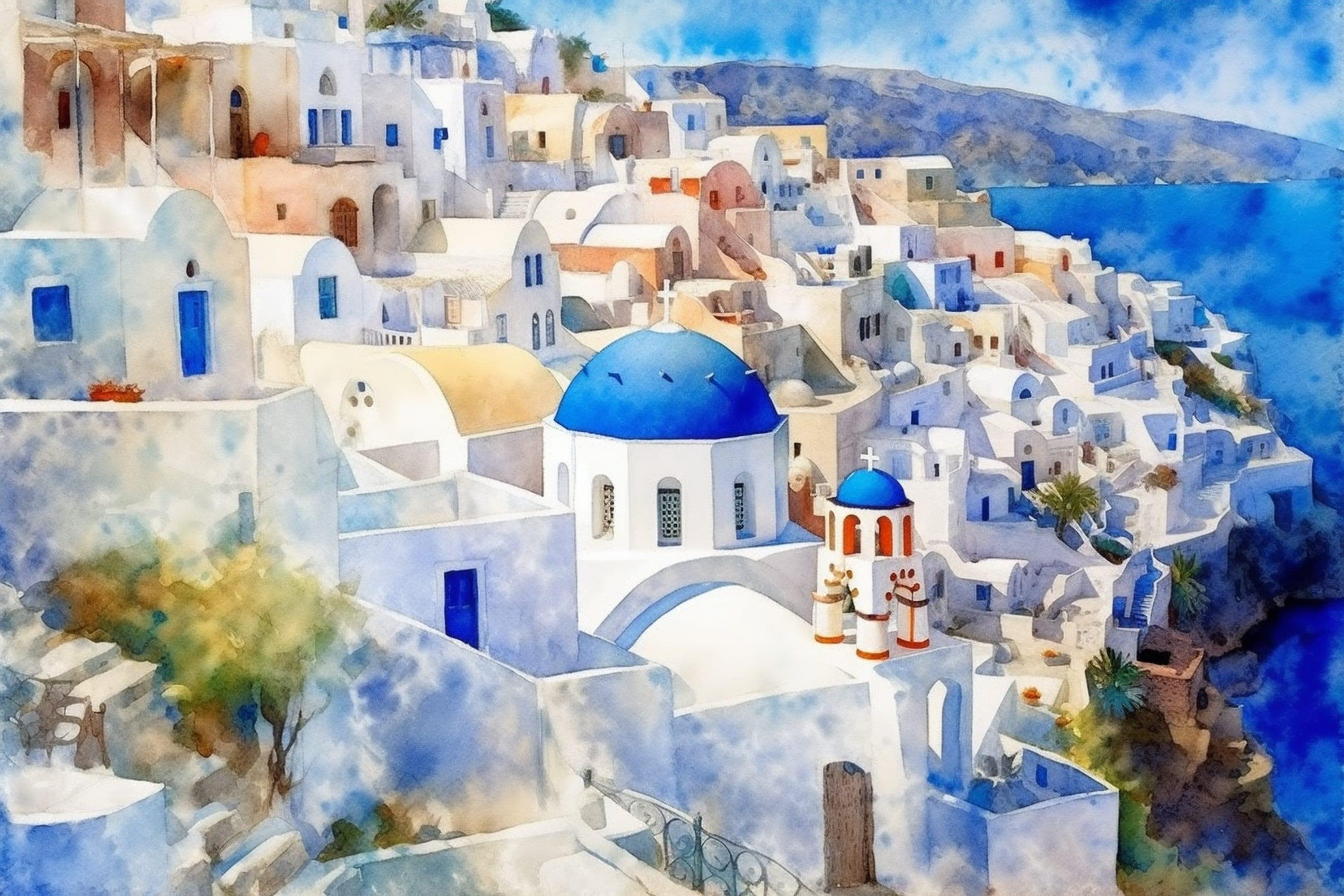Grecian Getaway - Santorini Landscape Wall Hanging, Giclee Print on Canvas, Artist Paper, Watercolor Paper, Available in Extra Large Sizes