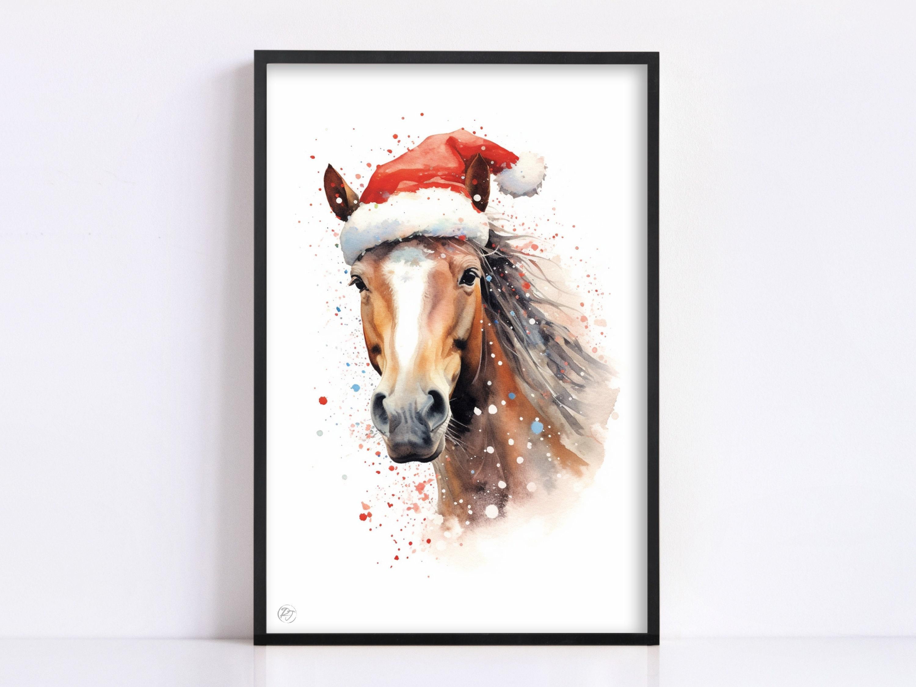 Christmas Equine - Watercolor Horse with Santa Hat, Giclee Print on Canvas, Artist Paper, Watercolor Paper, Available in Extra Large Sizes