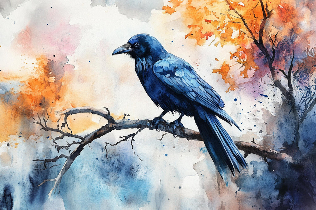 A blue bird perches on a branch, surrounded by a colorful autumnal landscape with orange and yellow foliage.
