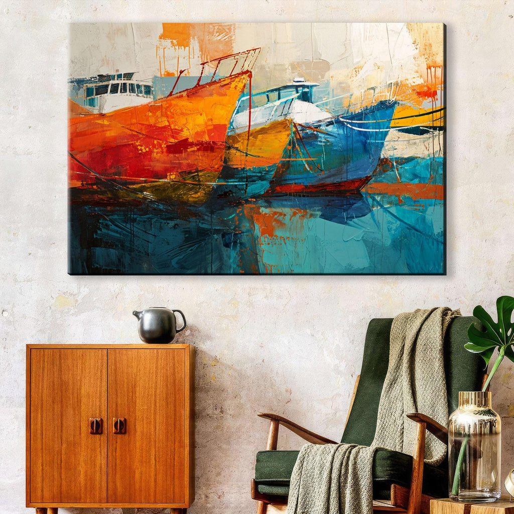 Nautical Canvas Art - Large Sailboat Canvas Print | Blue Orange Harbor Scene
