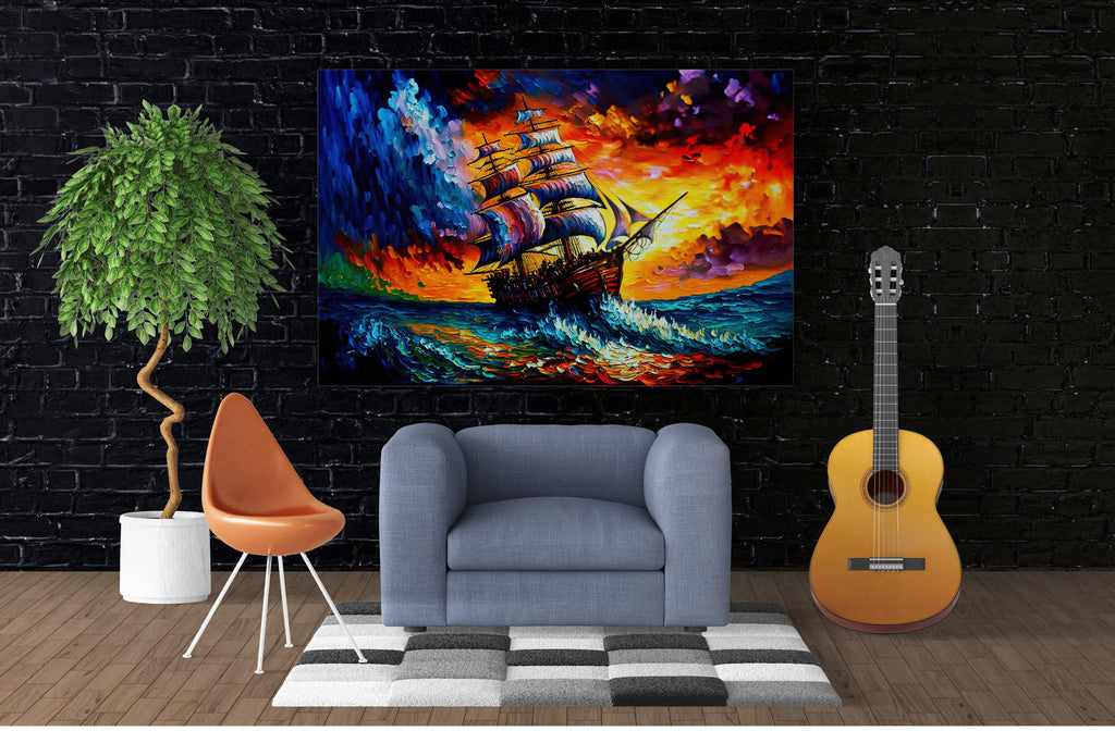 Pirate Ship Painting - Colorful Acrylic Canvas Print | Stormy Seas Artwork, Gallery Ready