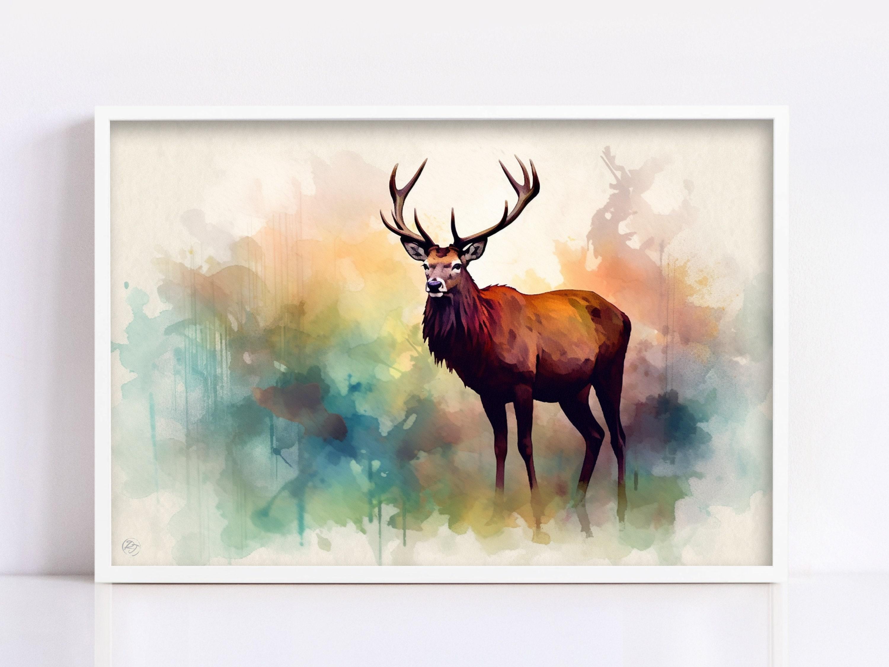 Reindeer Portrait Watercolor - Christmas Home Decor, Giclee Print on Canvas, Artist Paper, Watercolor Paper, Available in Extra Large Sizes