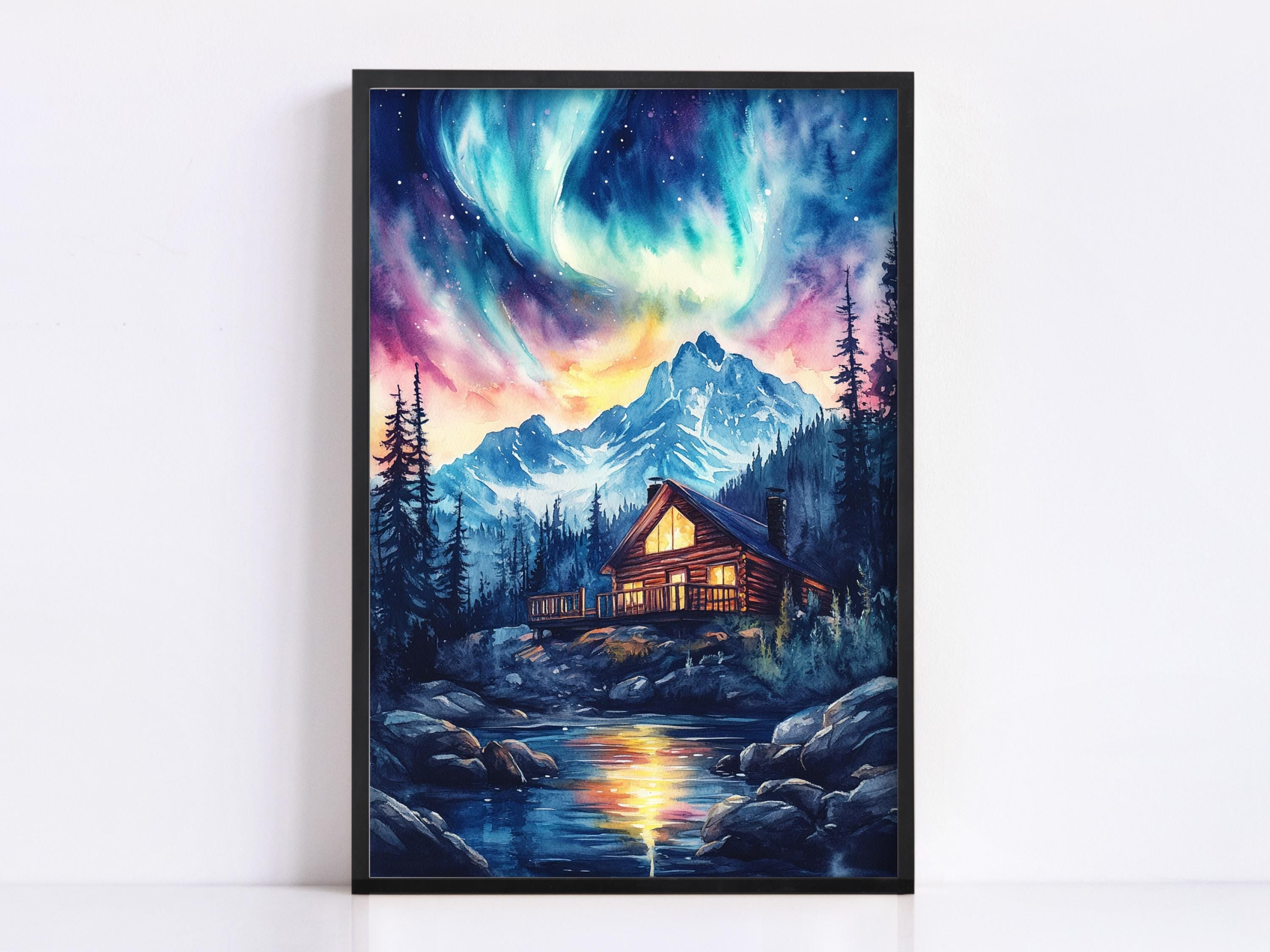 a serene mountain cabin nestled in a tranquil forest, with a stunning display of the Aurora Borealis illuminating the night sky above.