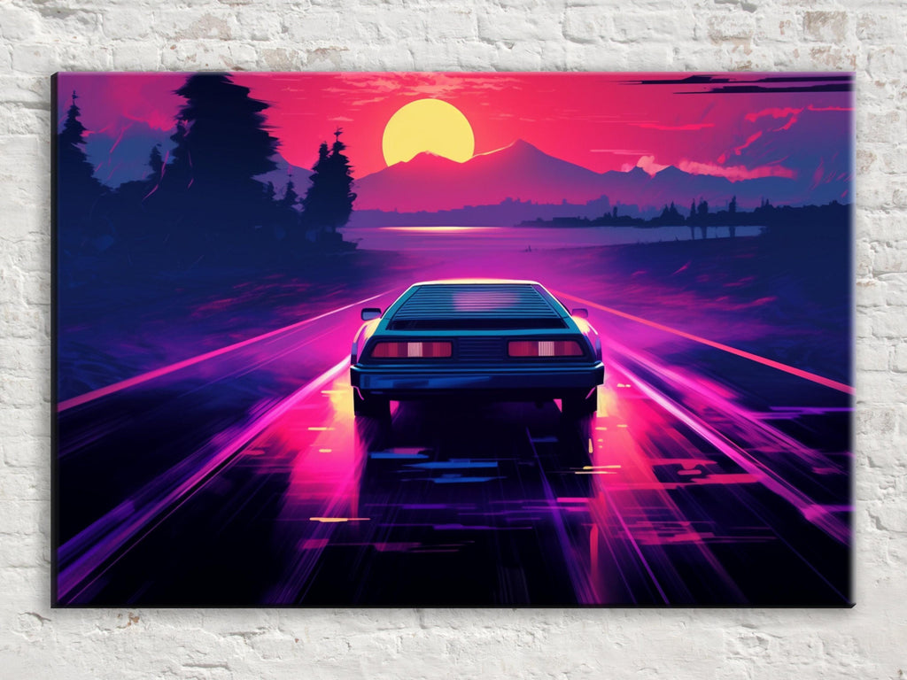 Neon Synthwave Canvas – 80s Outrun Art | Extra Large Gallery Wrapped Canvas Print
