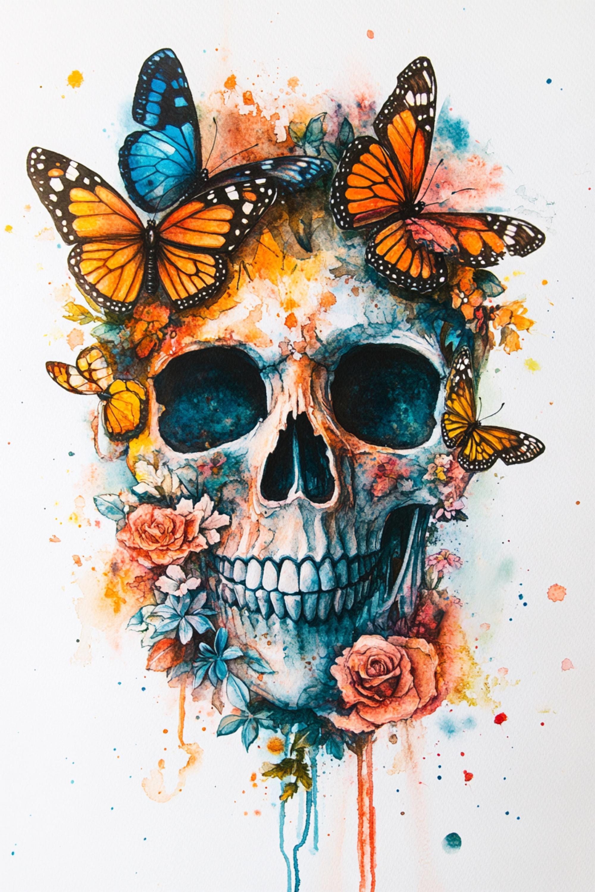 The image is a vibrant and colorful depiction of a skull surrounded by butterflies and flowers, creating a striking and artistic composition.