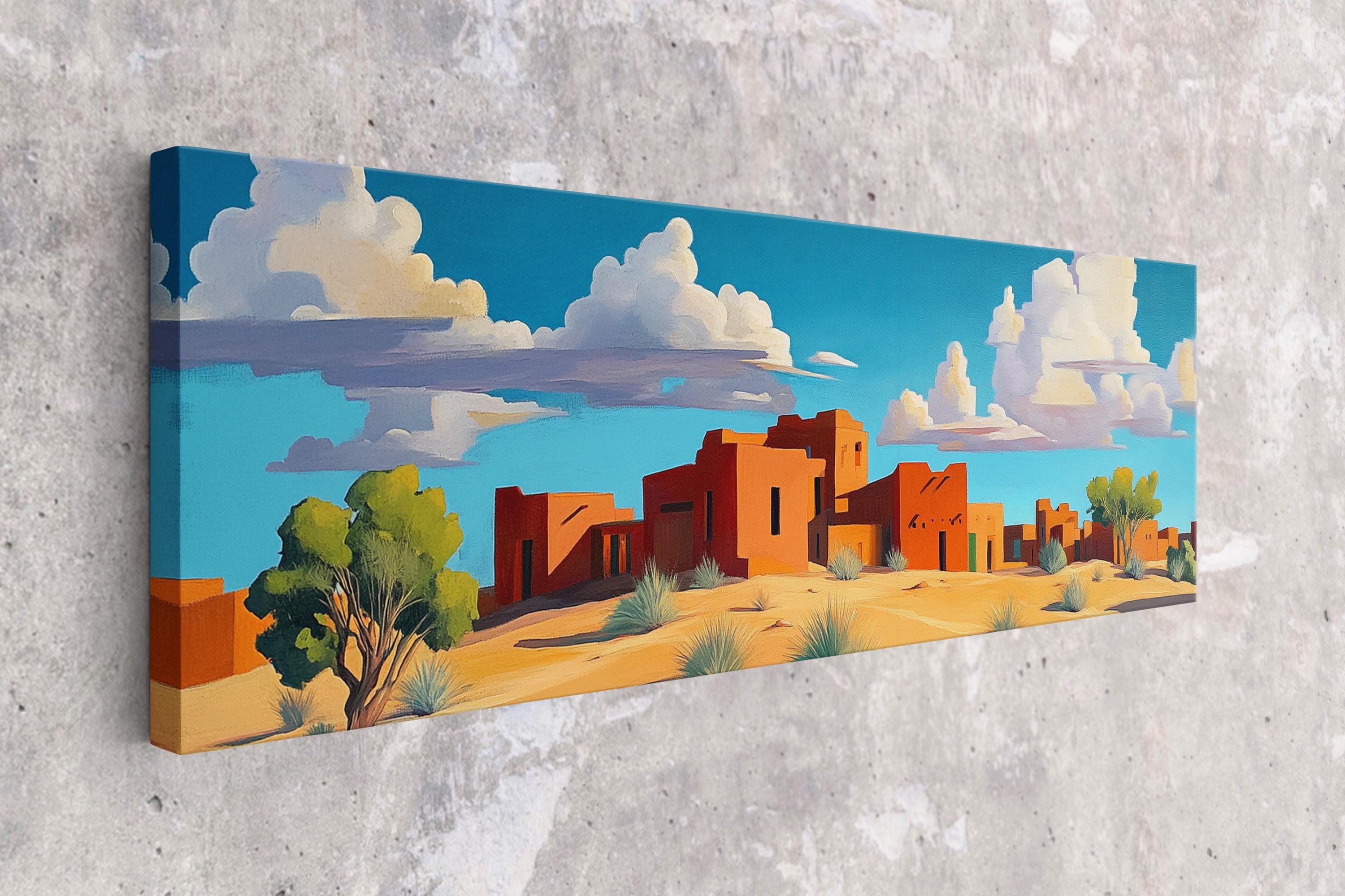 a painting of a desert scene with a sky background