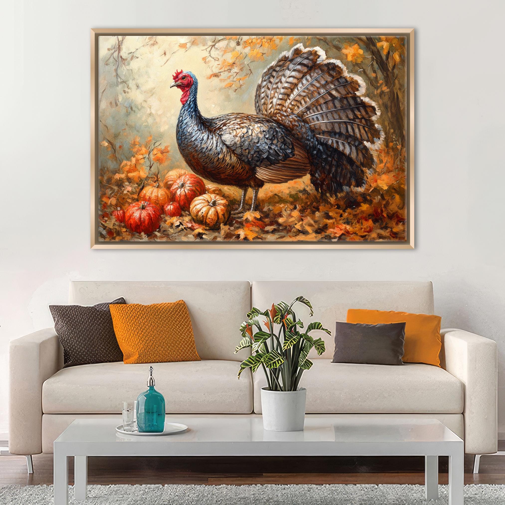 a large painting of a turkey on a white couch in a living room setting.