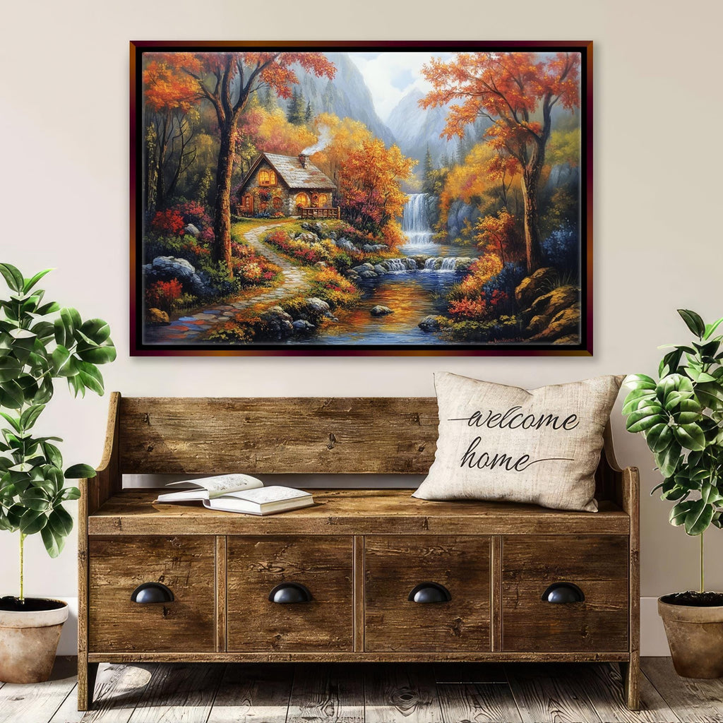 Autumn Landscape Canvas - Extra Large Framed Fall Wall Art, Cozy Rustic Decor