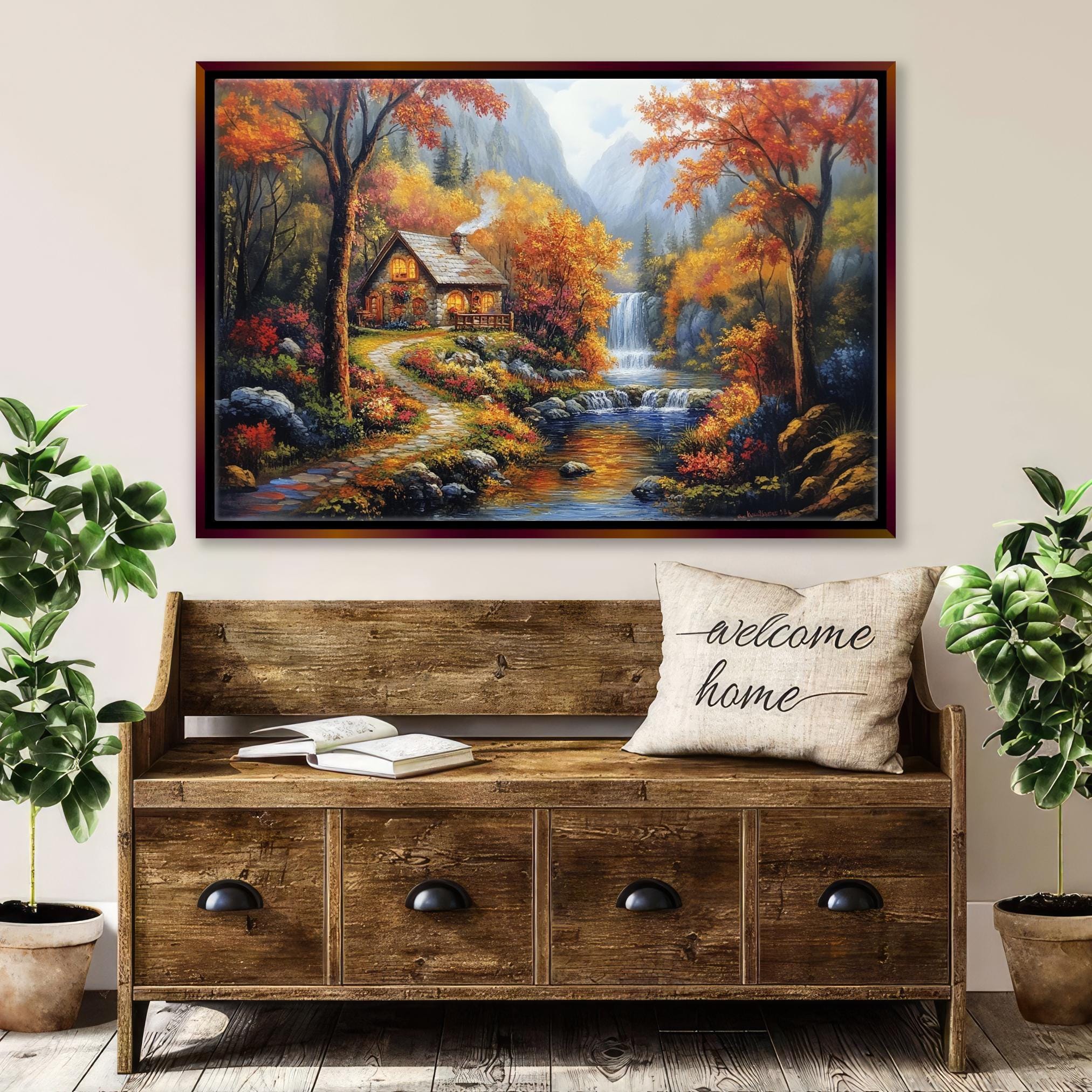 Autumn Landscape Canvas - Extra Large Framed Fall Wall Art, Cozy Rustic Decor