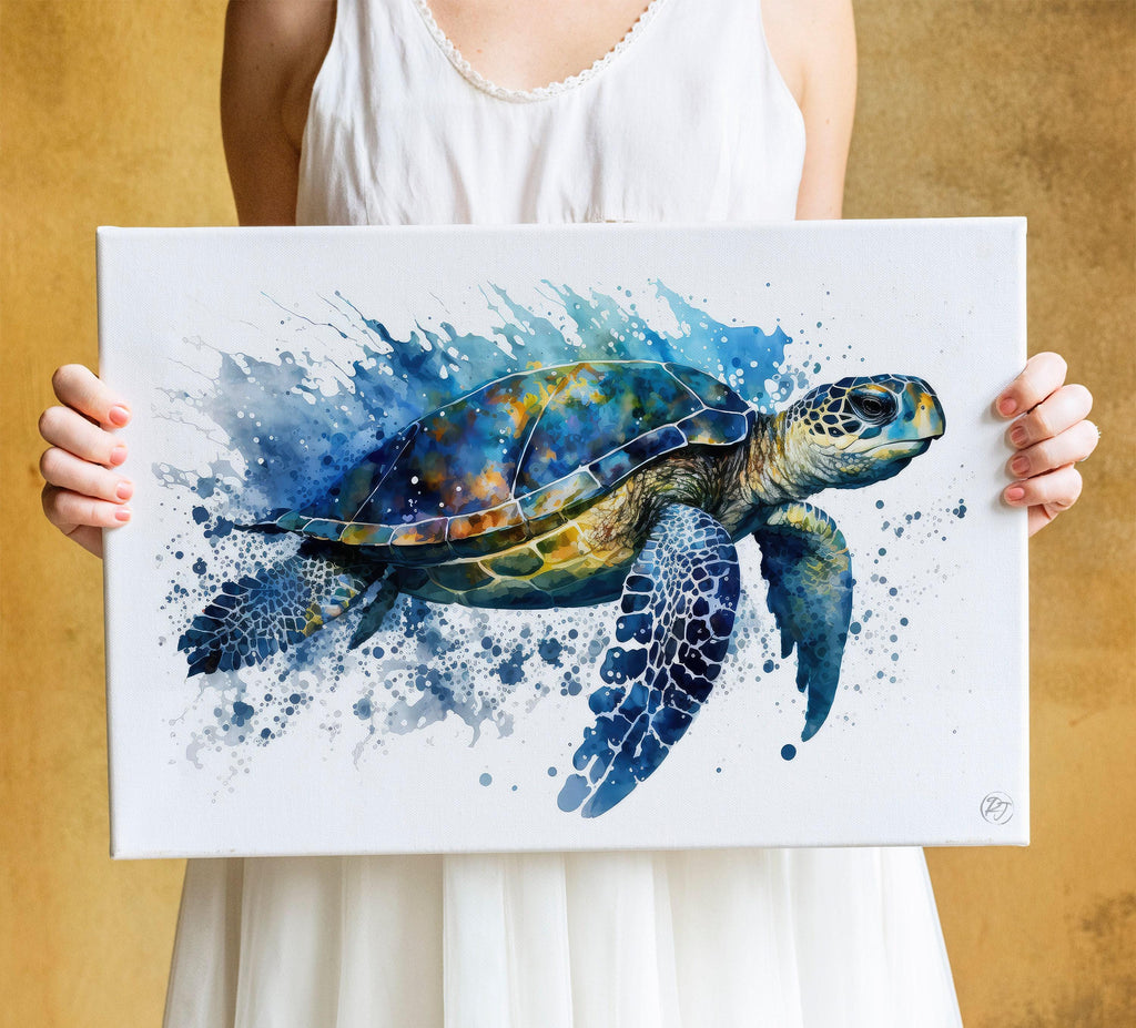 Sea Turtle Watercolor Art Print, Nursery Nautical Canvas Print, Undersea Animal Framed Kids Wall Art