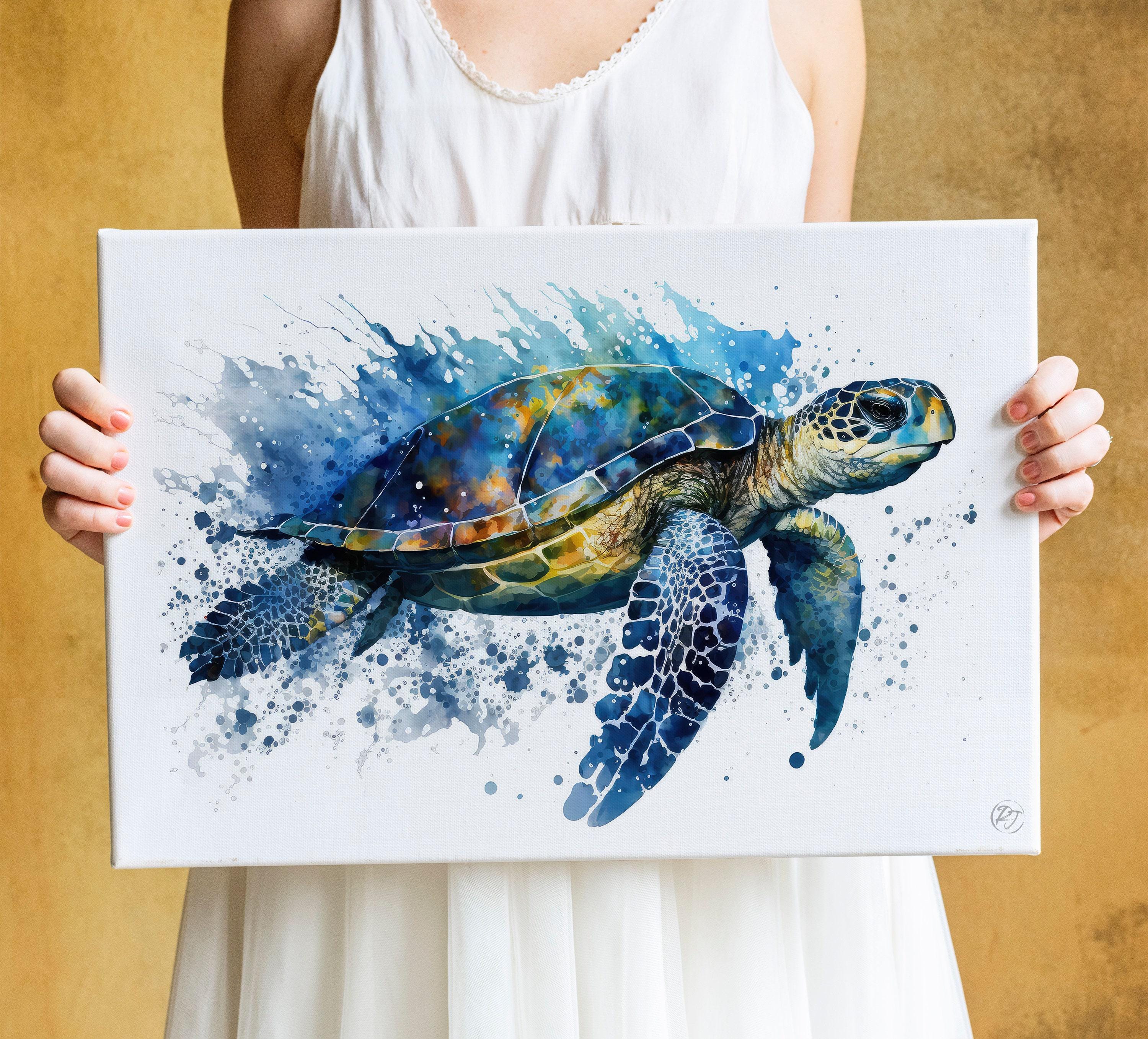 Sea Turtle Watercolor Art Print, Nursery Nautical Canvas Print, Undersea Animal Framed Kids Wall Art