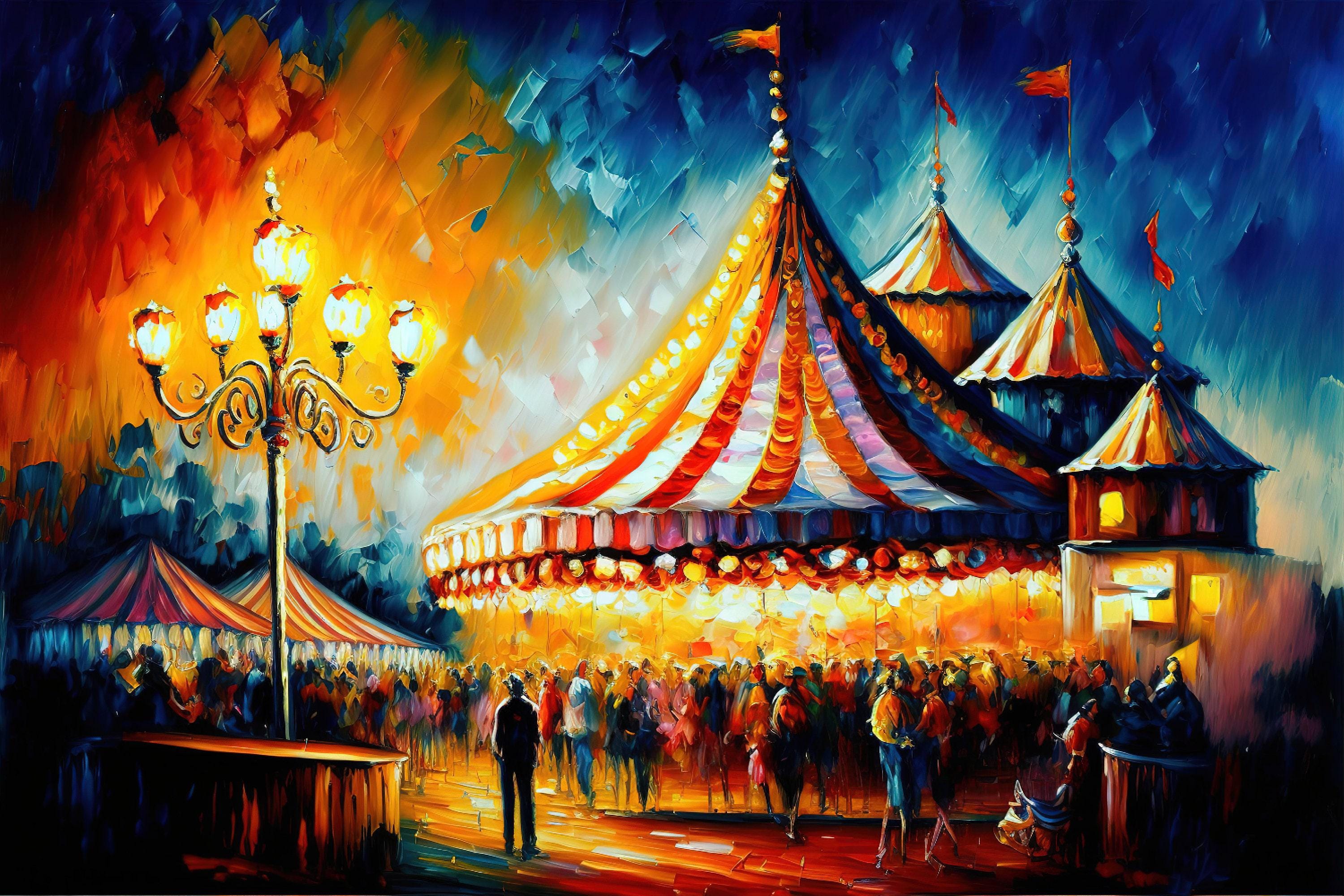 Circus Scene Canvas Art - Large Vintage Carnival Print With Wooden Frame