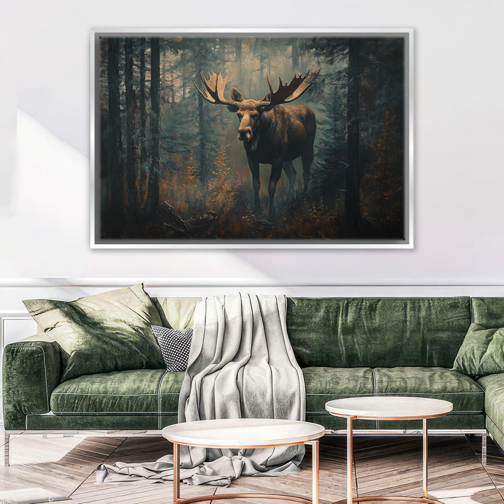 a painting of a moose in a forest