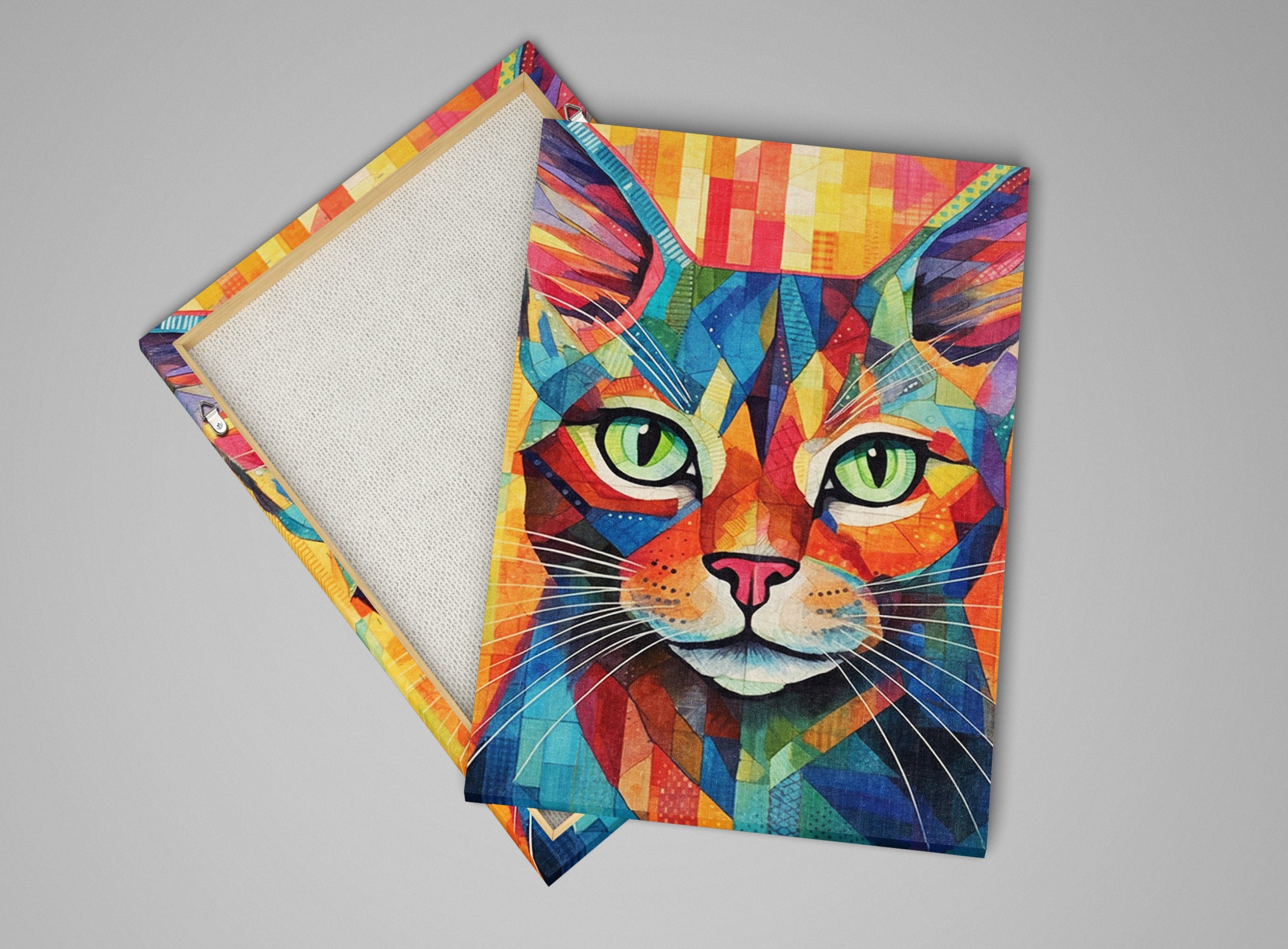 Cat Canvas Wall Art - Large Colorful Cat Portrait with Abstract Pop Art Painting