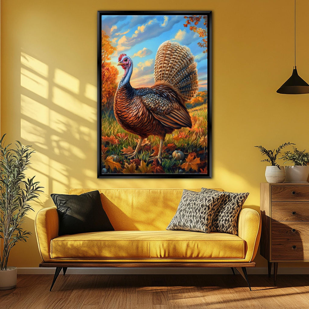 a large, colorful painting of a turkey standing in a field, with a yellow couch and a potted plant in the foreground.