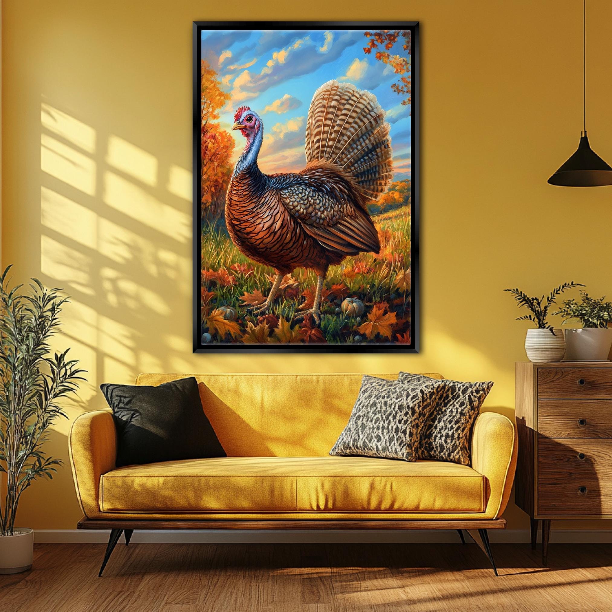 a large, colorful painting of a turkey standing in a field, with a yellow couch and a potted plant in the foreground.