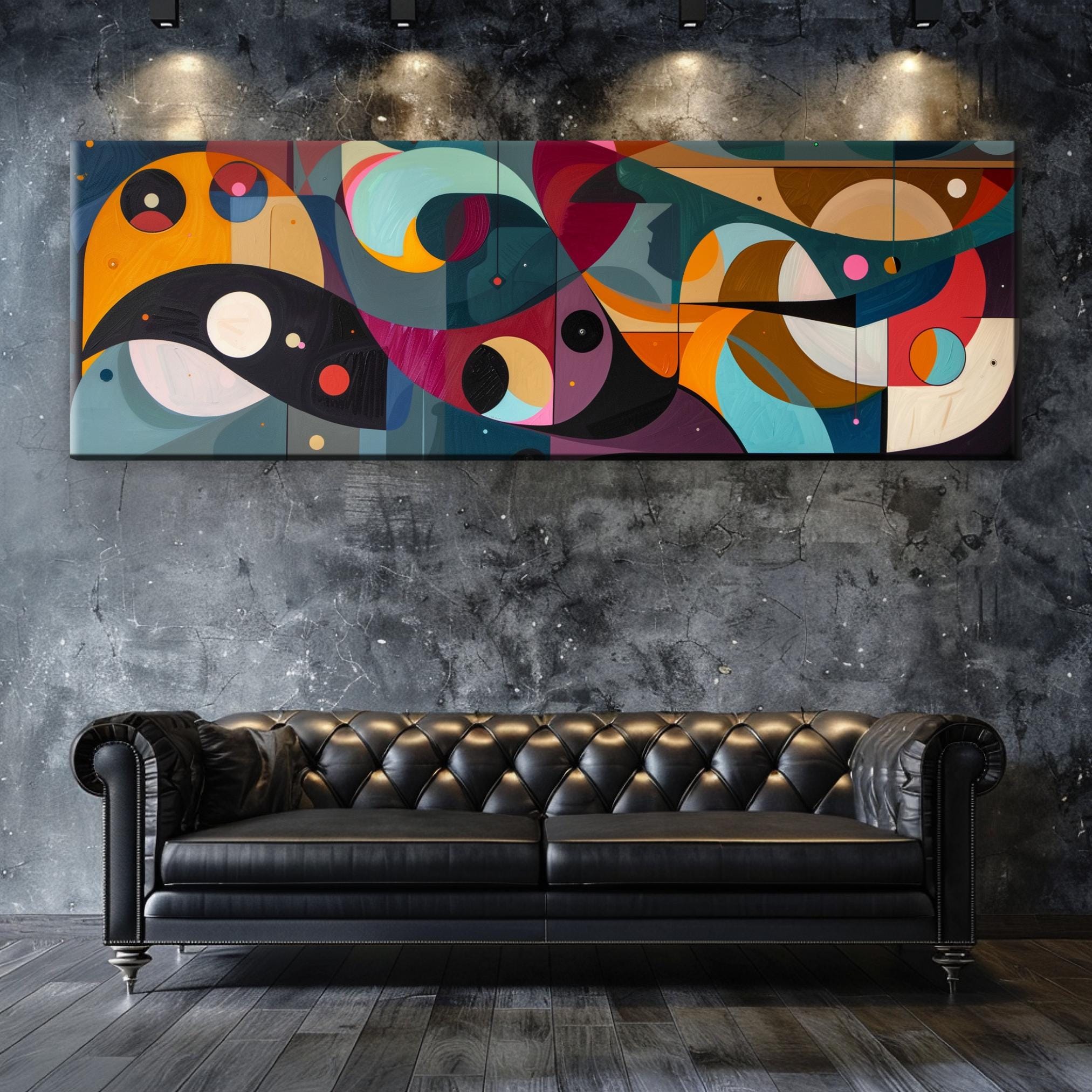a living room with a couch and a painting on the wall