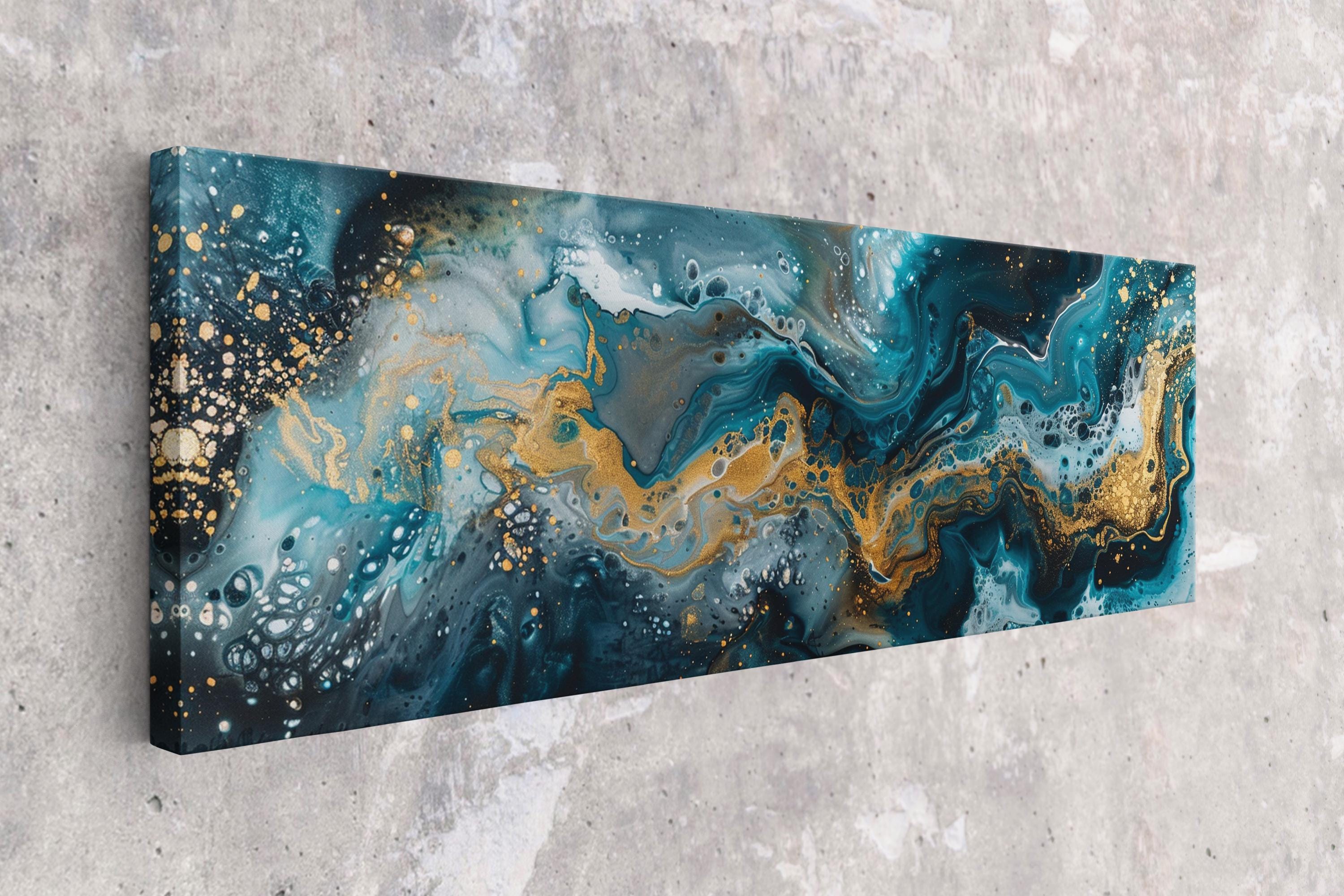 a painting hanging on a wall next to a cement floor