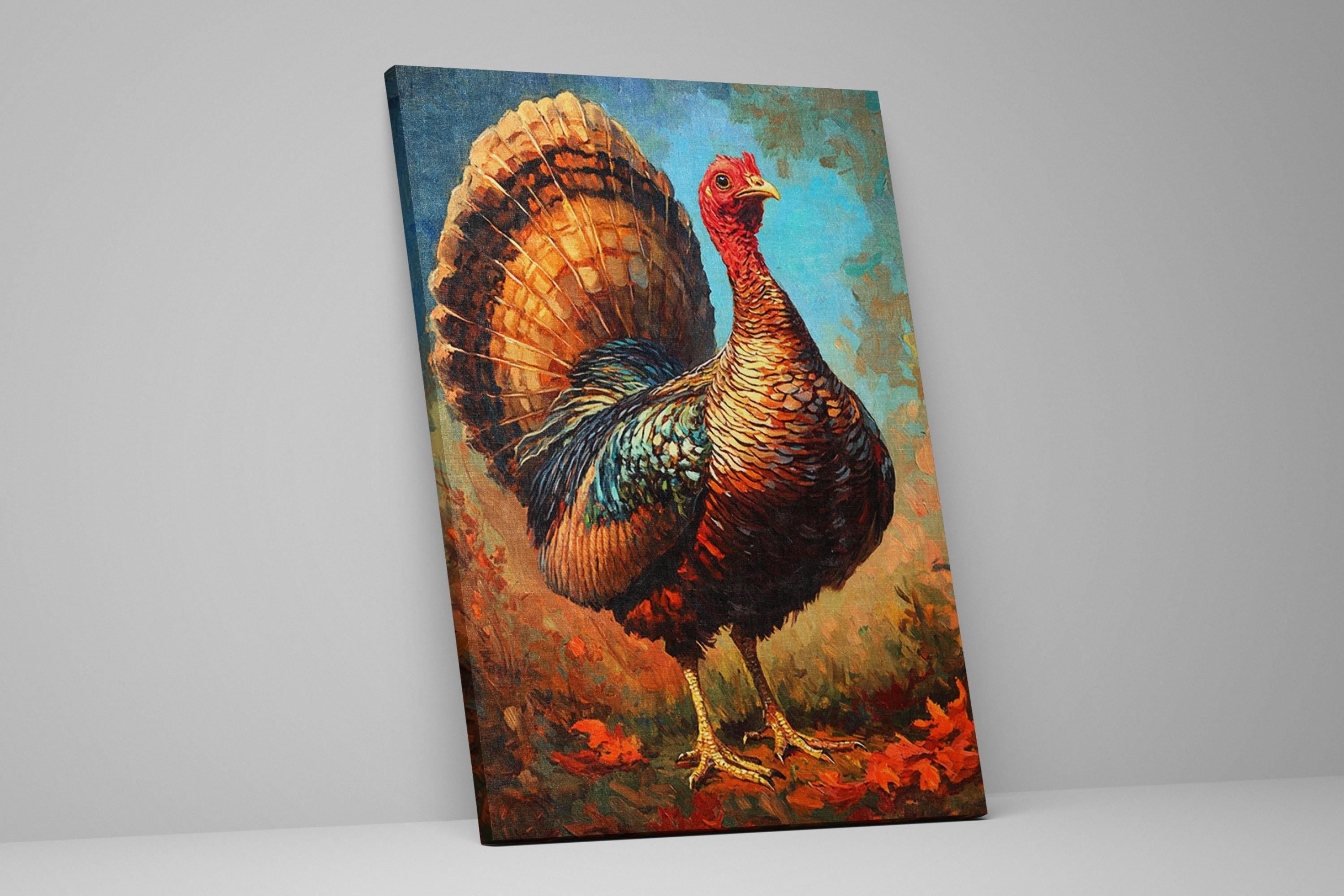 The image is a painting of a colorful turkey standing on a grassy field with autumn leaves.